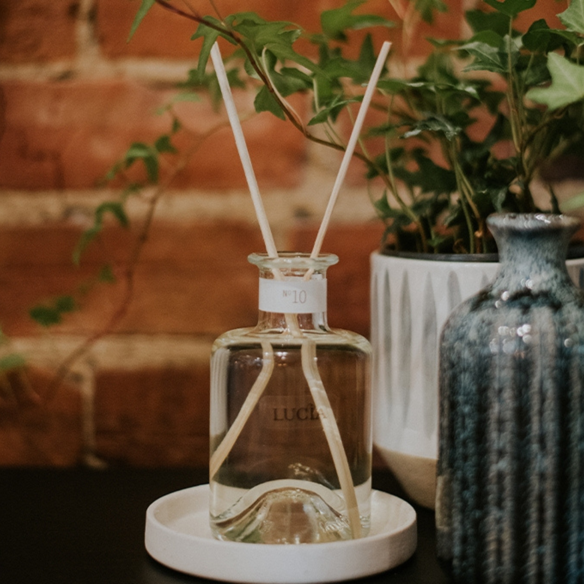 Diffuseur à roseaux sur une table décorative