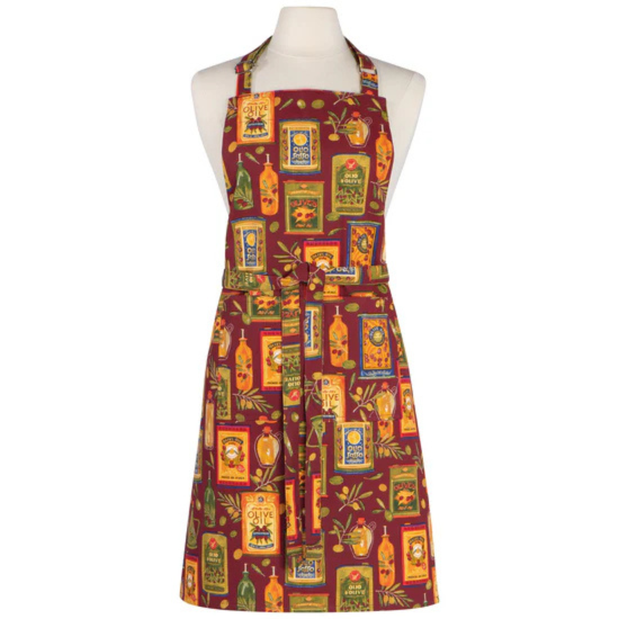 Burgundy kitchen apron with olive pattern - Danica