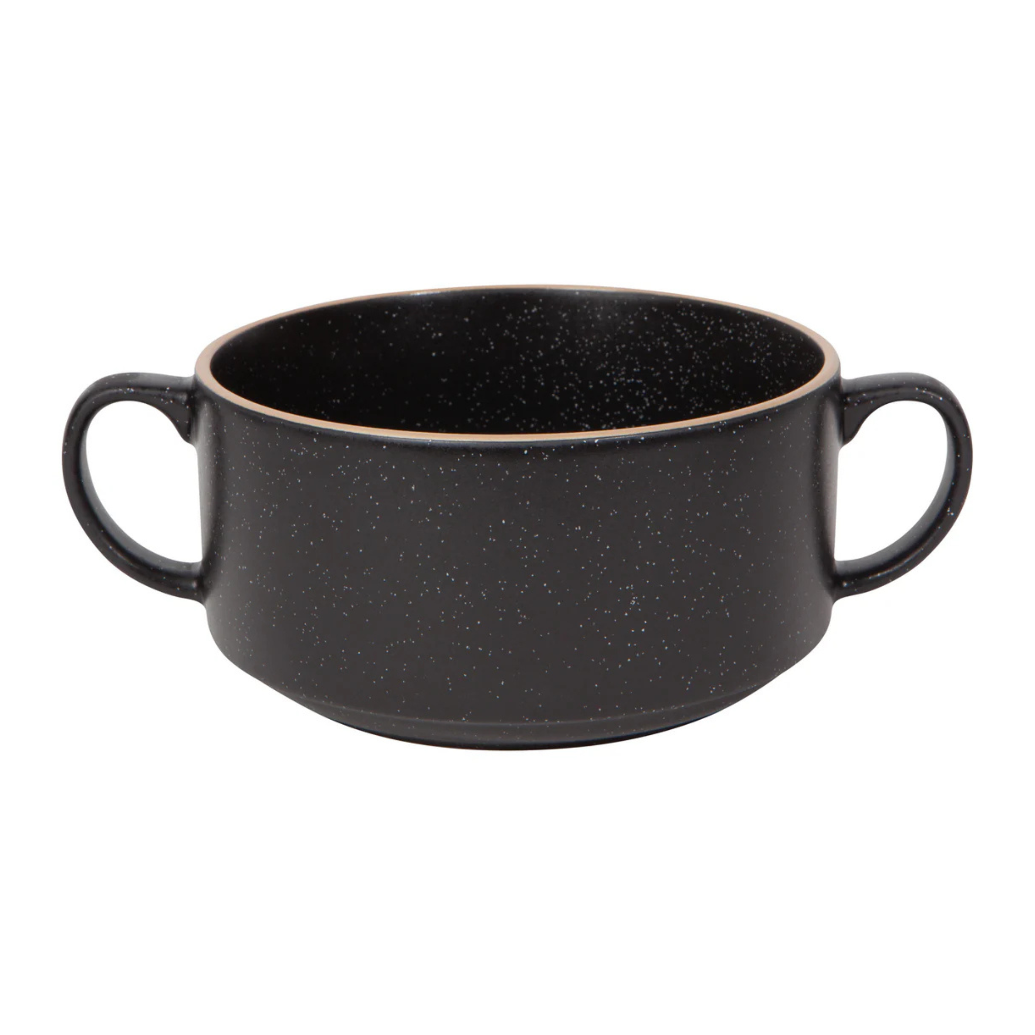 Bol à soupe en grès noir vue de dessus avec poignées
