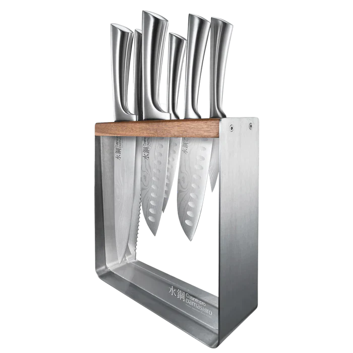 Bloc à couteaux Kinzoku 7 pièces Cuisine::pro Damashiro avec lames en acier japonais Damashiro et bloc élégant