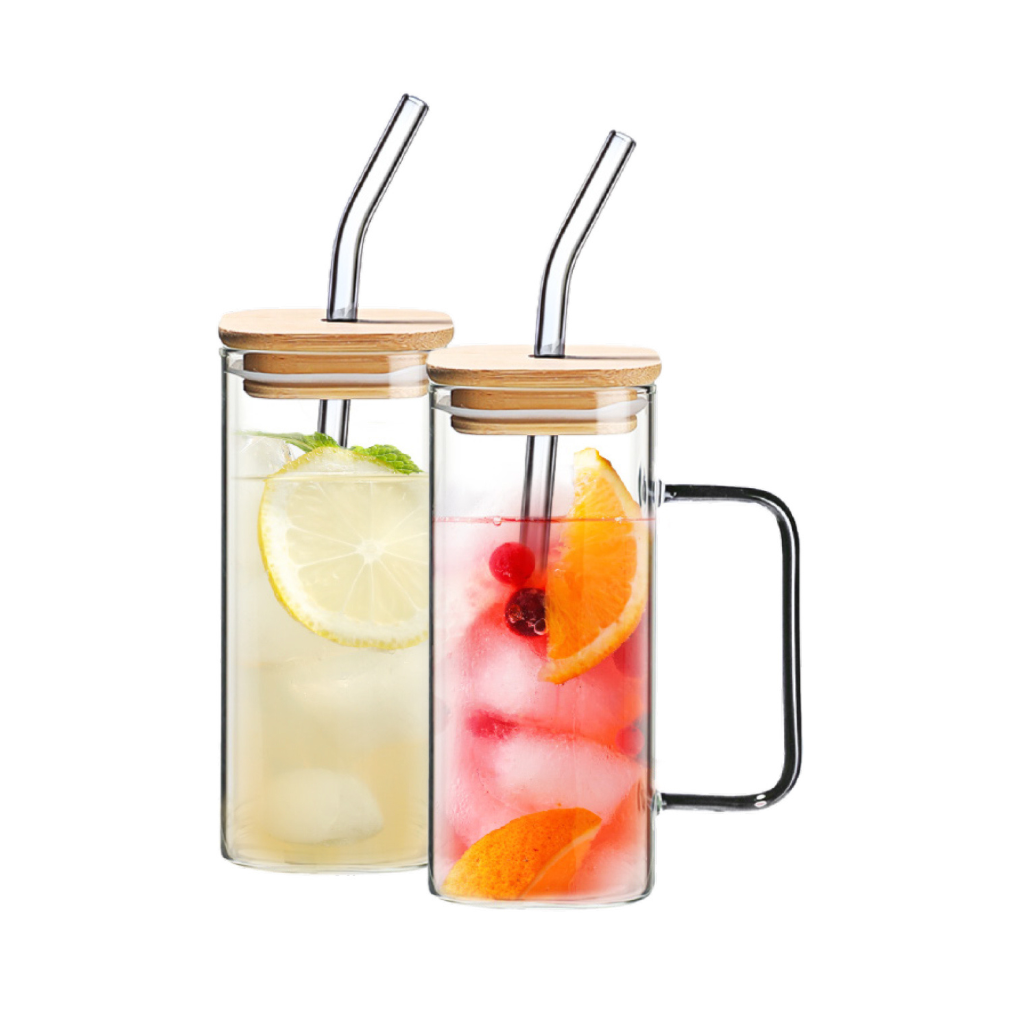 Ensemble de 2 verres carrés avec couvercle et paille Transparent 350ml