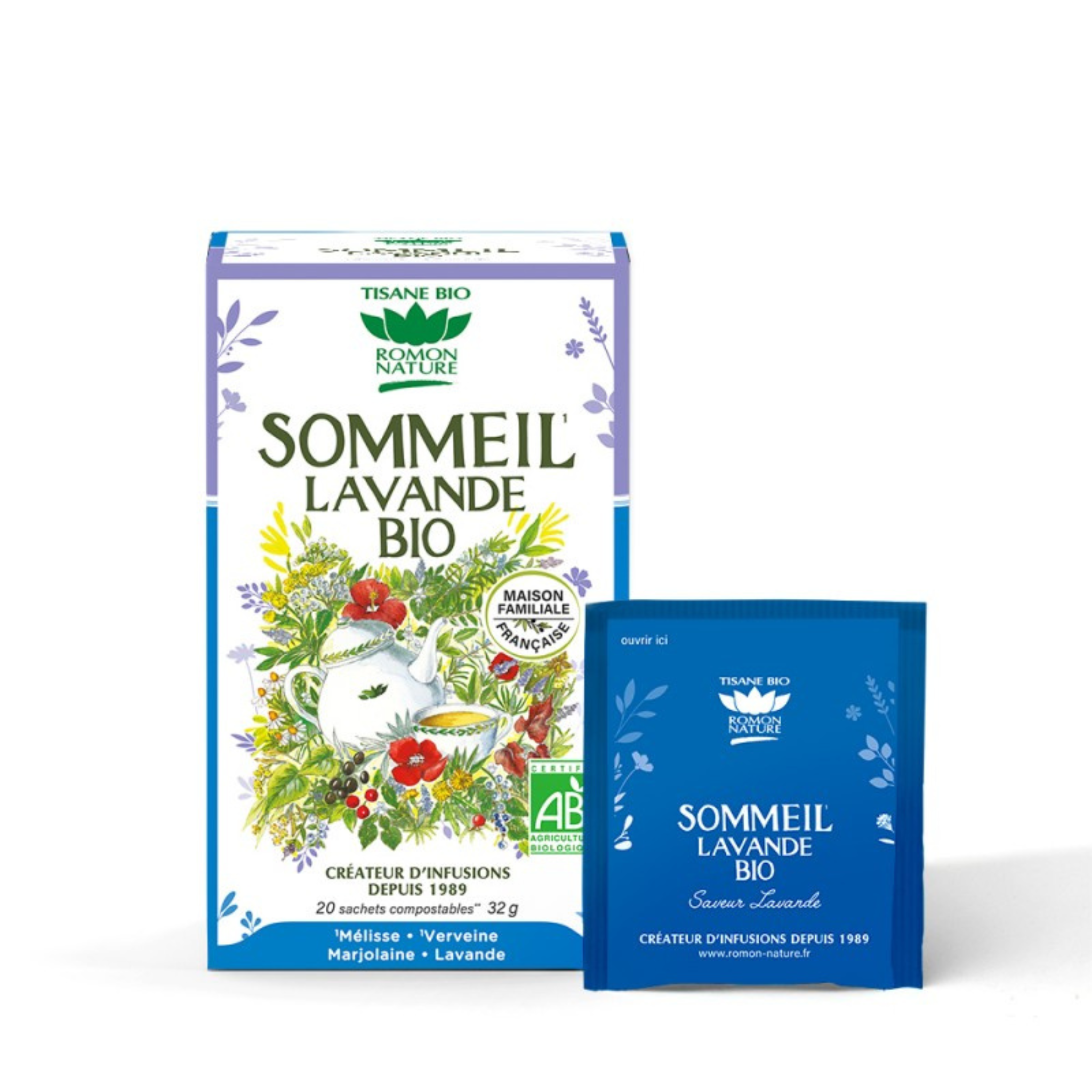 Ensemble de 20 sachets de tisane Sommeil lavande bio - Romon Nature