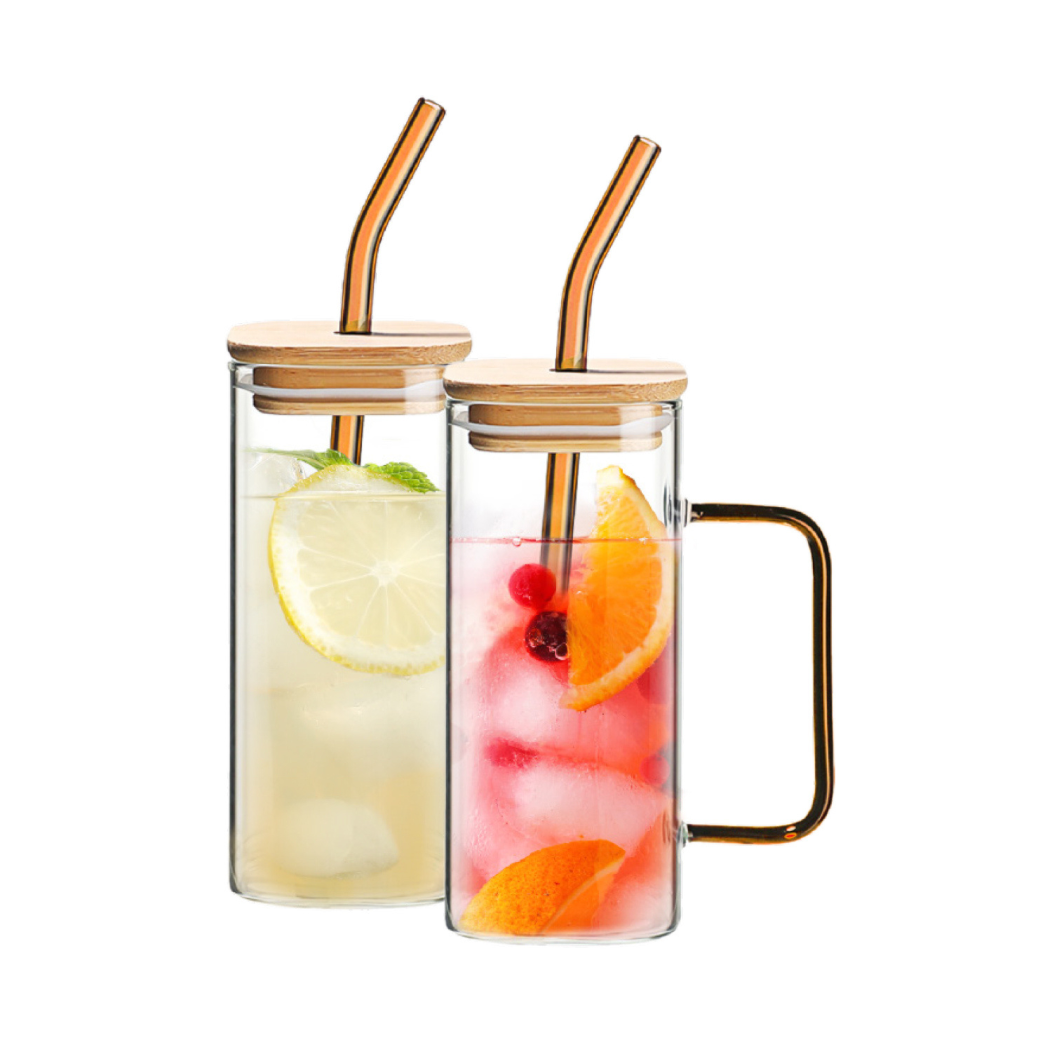 Ensemble de 2 verres carrés avec couvercle et paille Orange 350ml