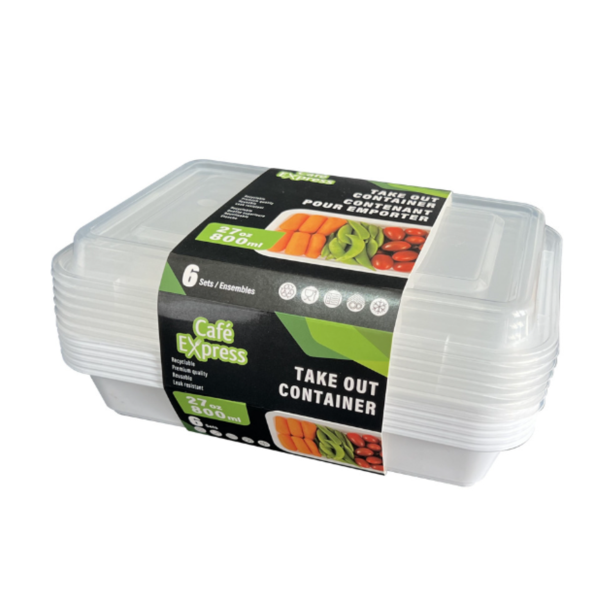 Set of 6 rectangular takeaway containers 800ml