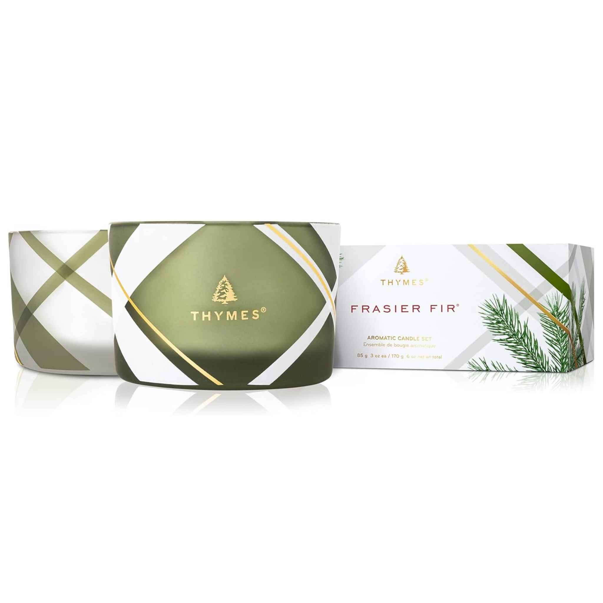 Ensemble de 2 chandelles à motifs écossais Frasier Fir 170 g - Thymes