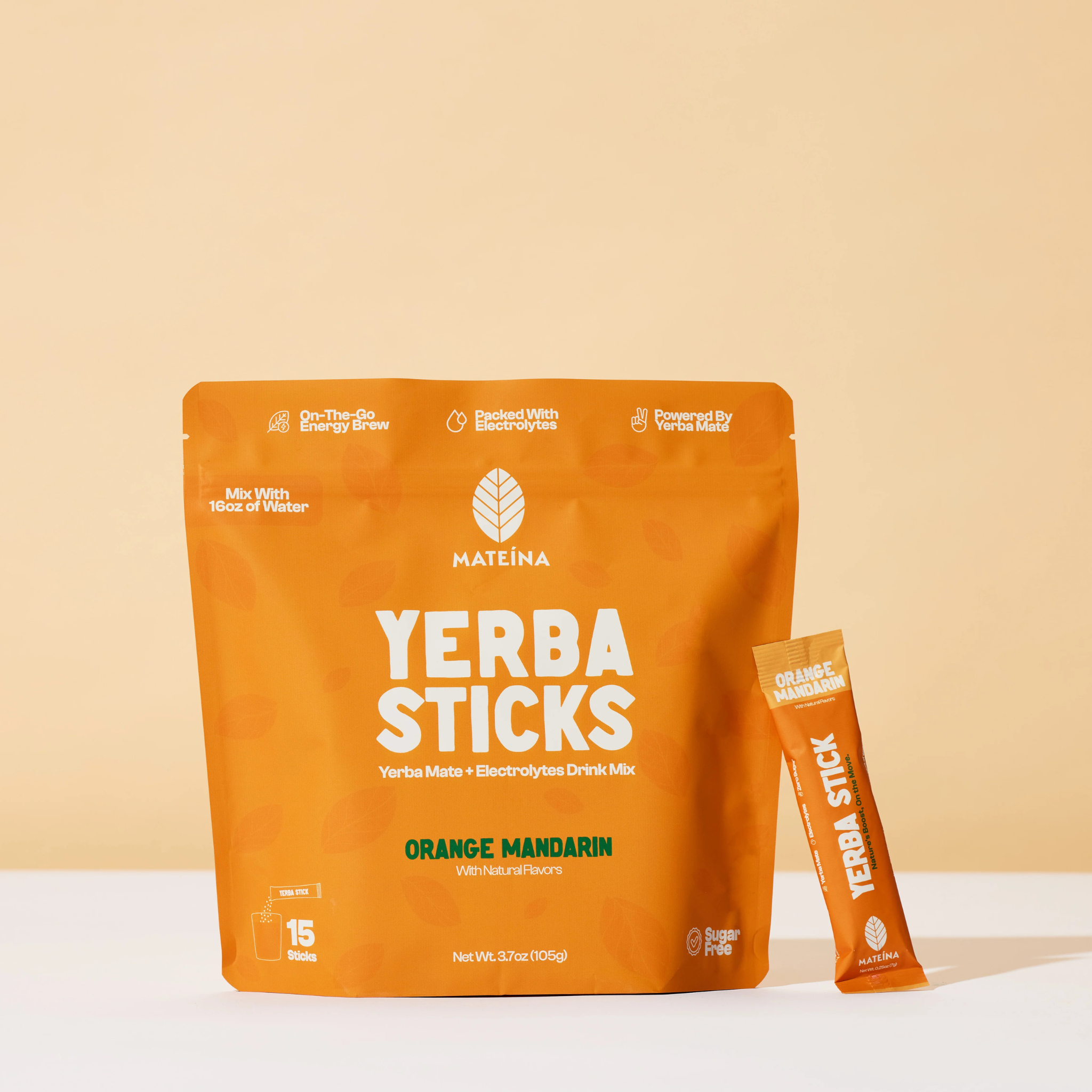 Ensemble de 15 bâtonnets de Yerba Maté avec électrolytes Orange Mandarine - Mateina