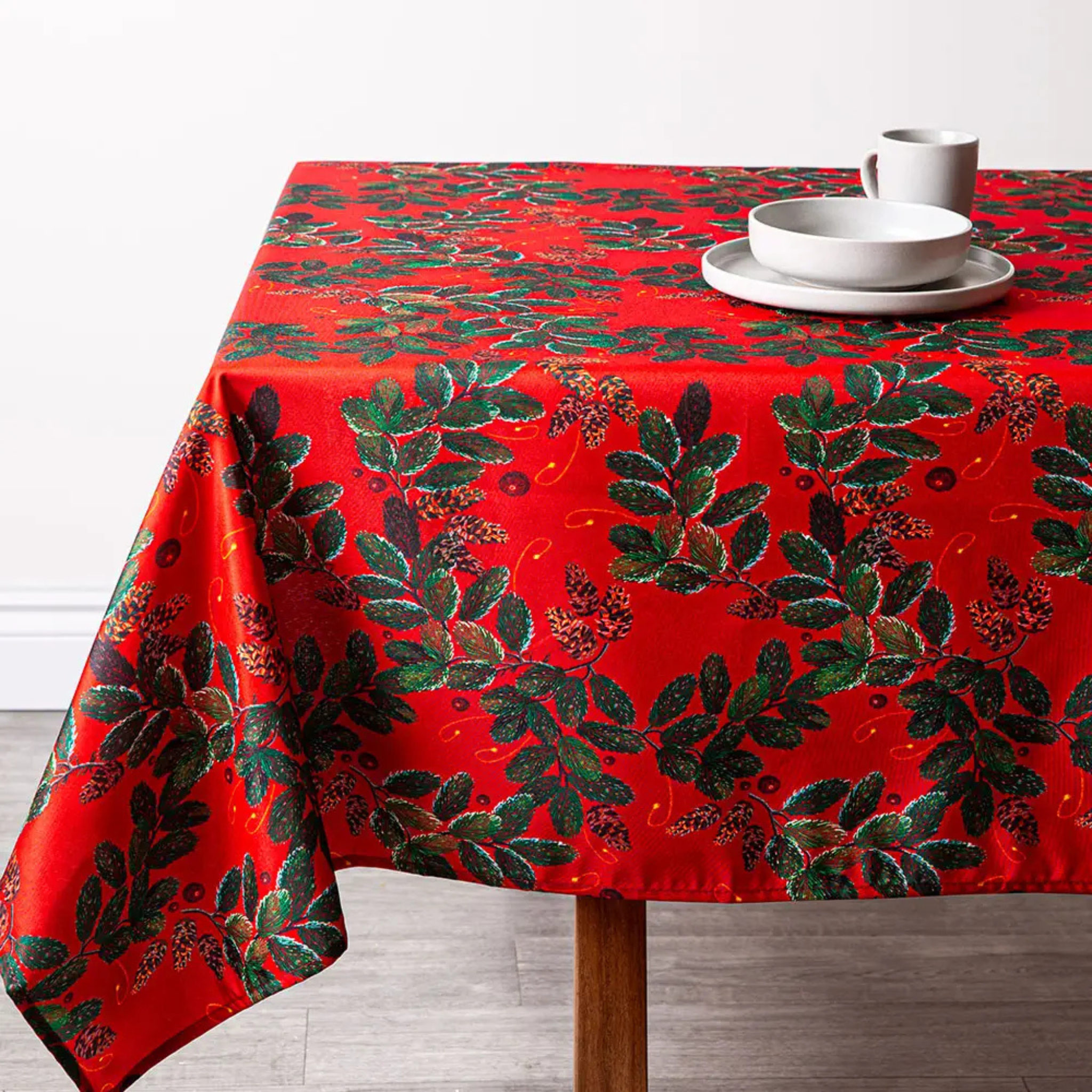 Red Polyester Christmas Tablecloth with Green Leaves 58x126"