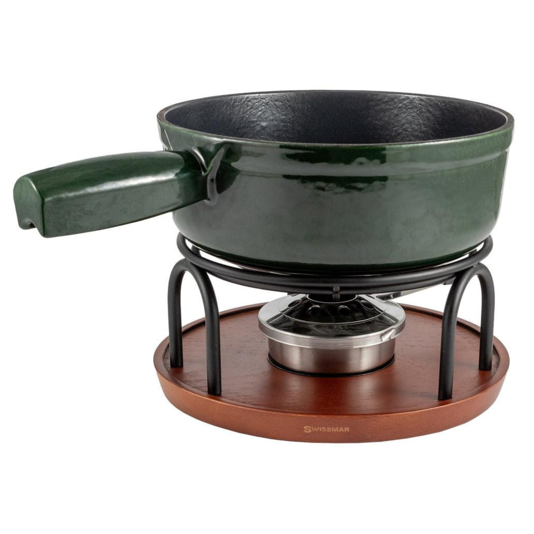 Ensemble à fondue en fonte 9 pièces Ticino 2 L Swissmar avec caquelon, réchaud, plateau bois et six fourchettes acier inoxydable