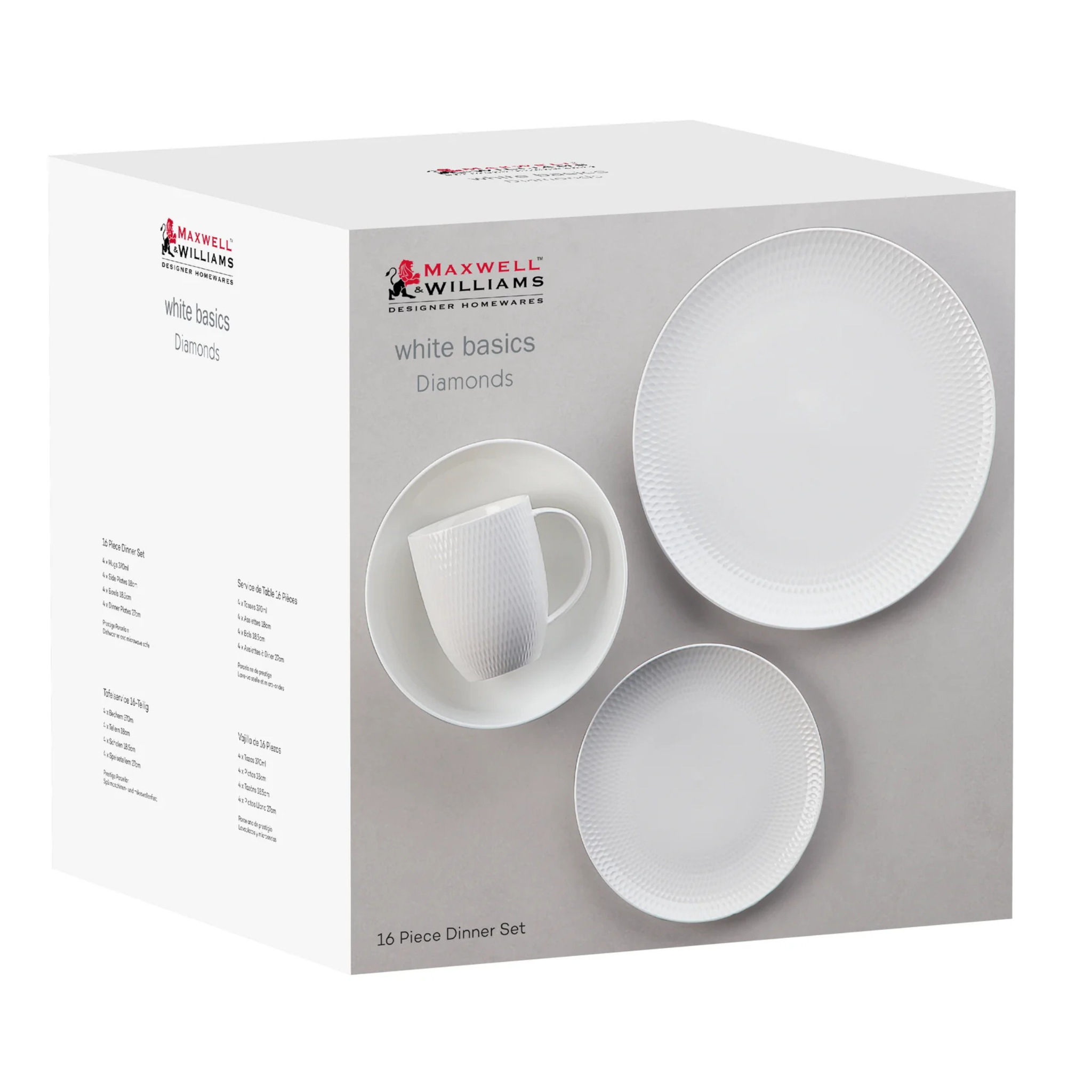 Ensemble de vaisselle en porcelaine Diamonds 16 pièces avec design texturé facettes de diamant Maxwell & Williams