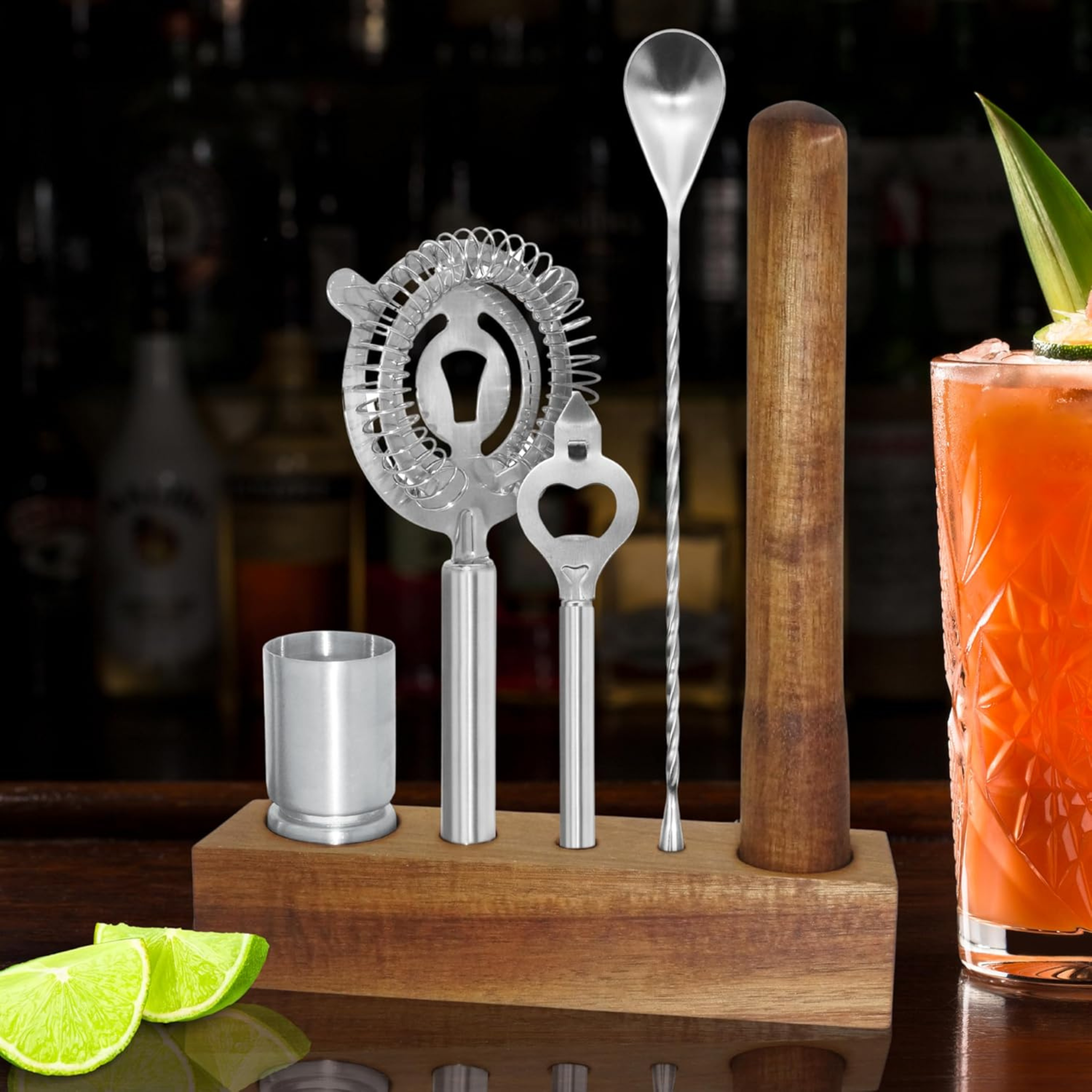 Ensemble de bar 6 pièces avec support en bois d’acacia – Oggi