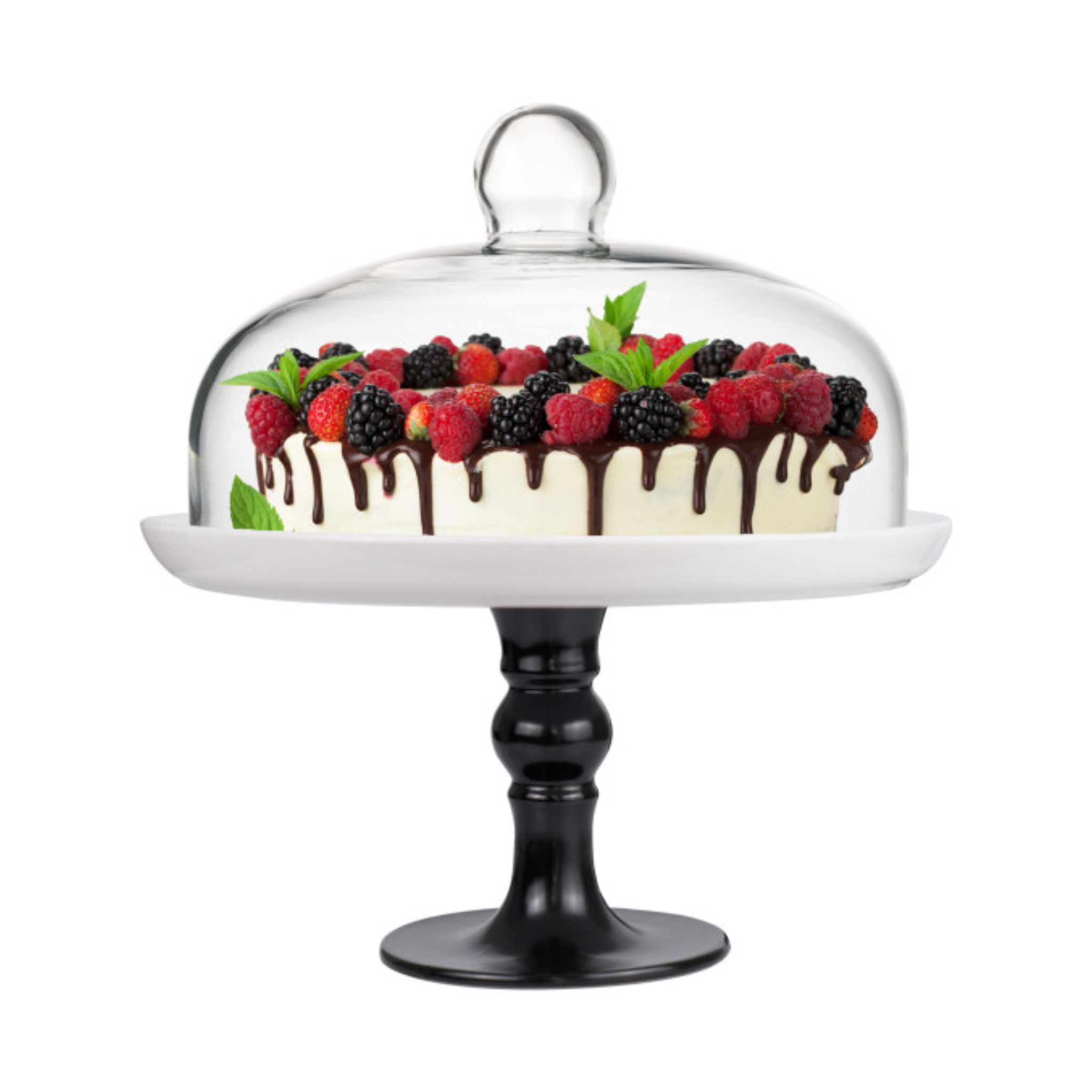 Assiette à gâteau avec pied Noir et cloche en verre 25 cm
