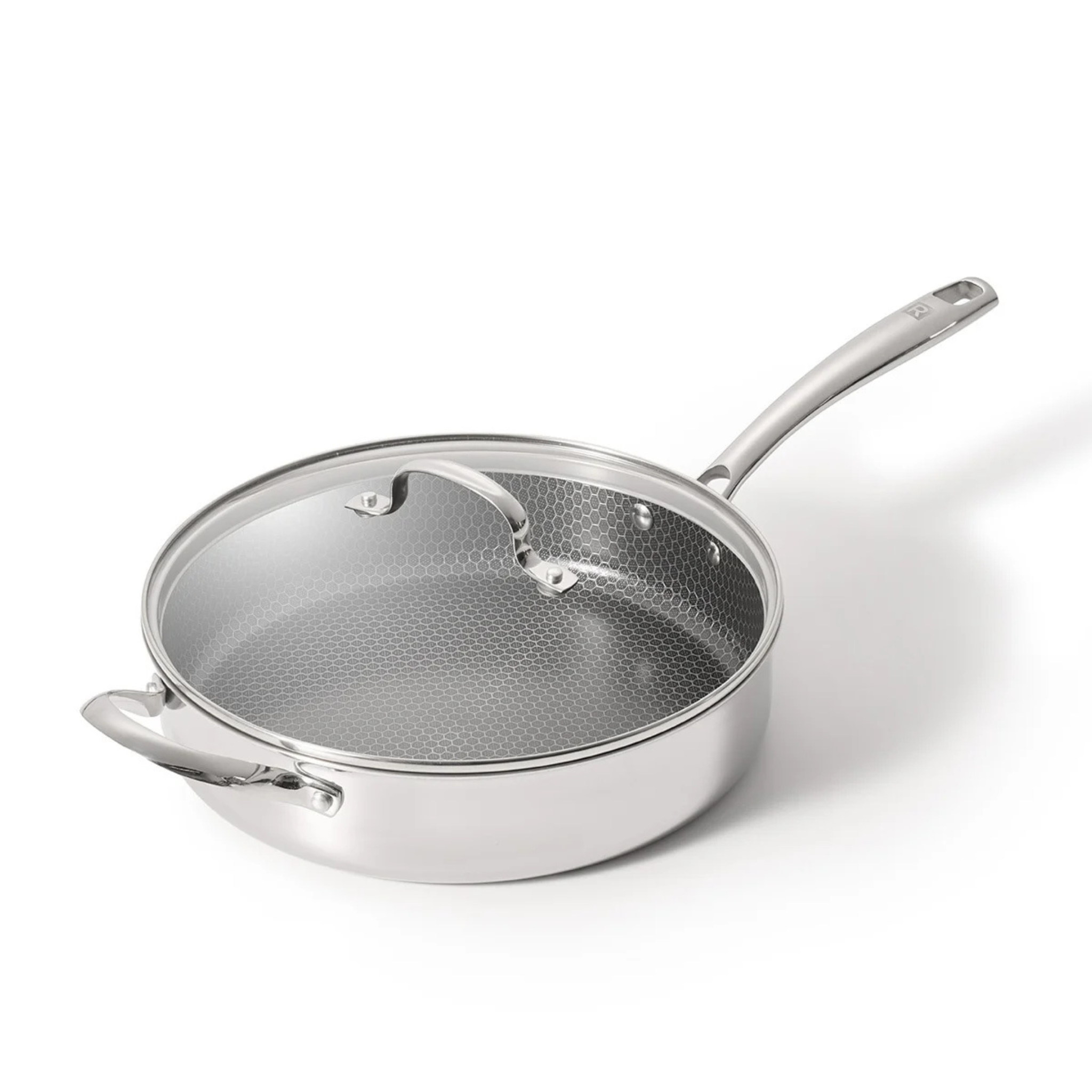 Poêle profonde hybride 28 cm Ricardo avec surface inox et céramique, couvercle et poignée rivetée, compatible induction.
