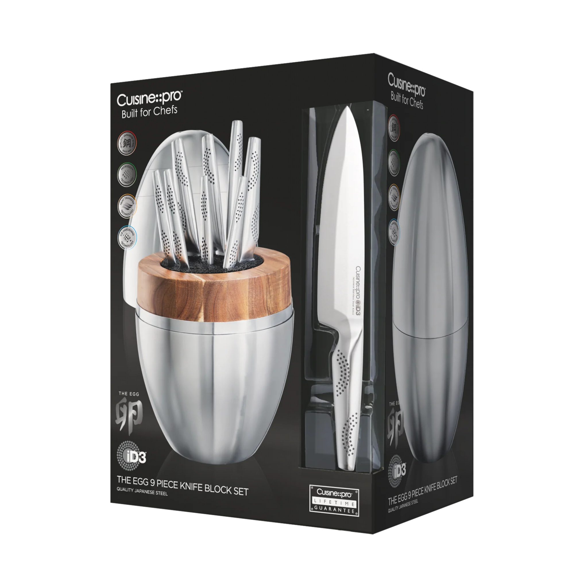 Bloc à couteaux 9 pièces The Egg iD3® en acier inoxydable avec bloc en bois d’acacia design œuf