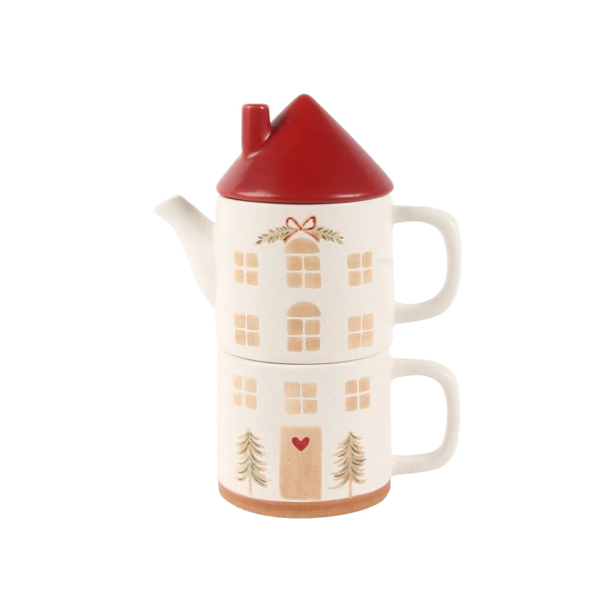 Ensemble théière et tasse empilable Maison de Noël Beige