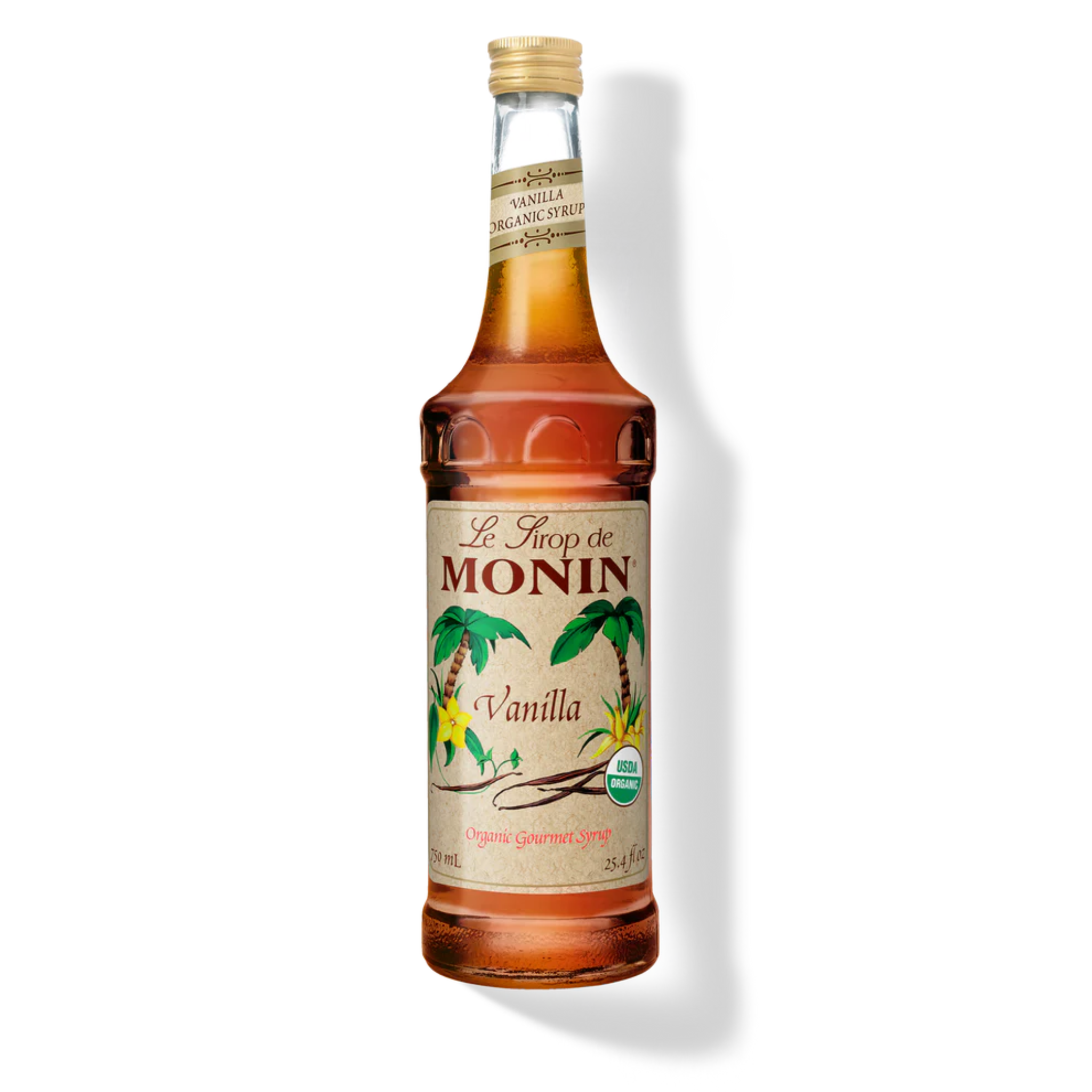 Bouteille de sirop de vanille biologique Monin 750 ml avec étiquette détaillant la saveur riche et ingrédients naturels
