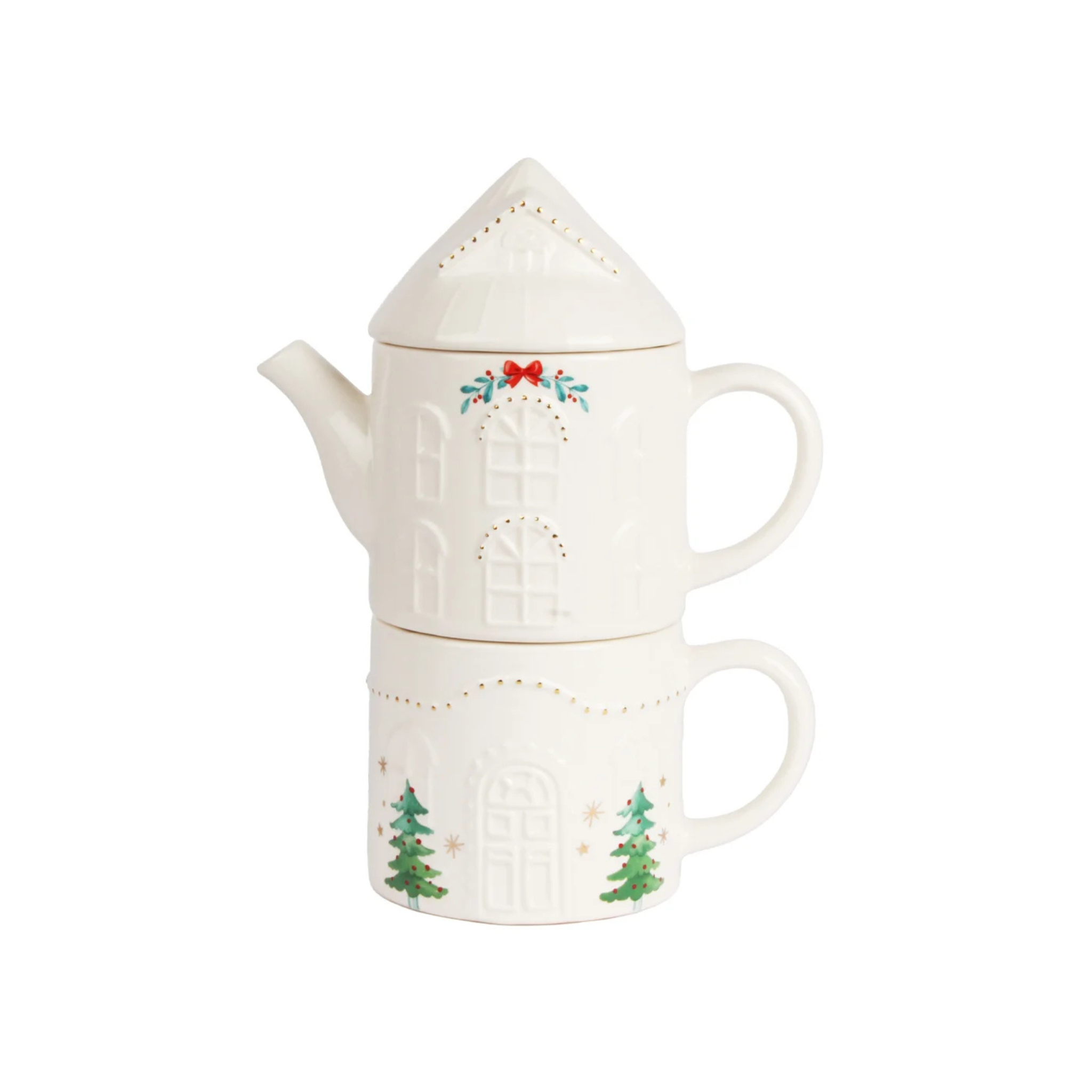 Ensemble théière empilable & tasse Maison de Noël Blanche