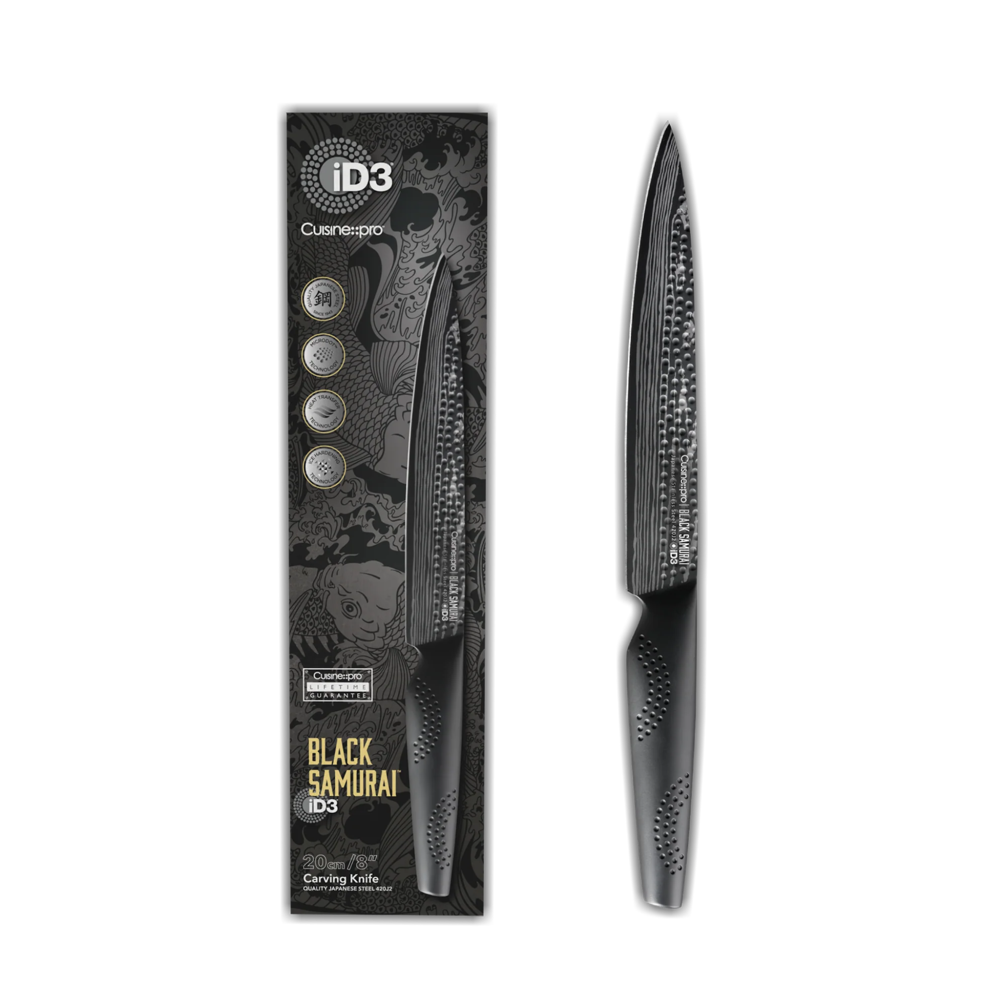 Couteau à découper 20 cm iD3 BLACK SAMURAI™ avec lame en acier inoxydable japonais et poignée ergonomique noire