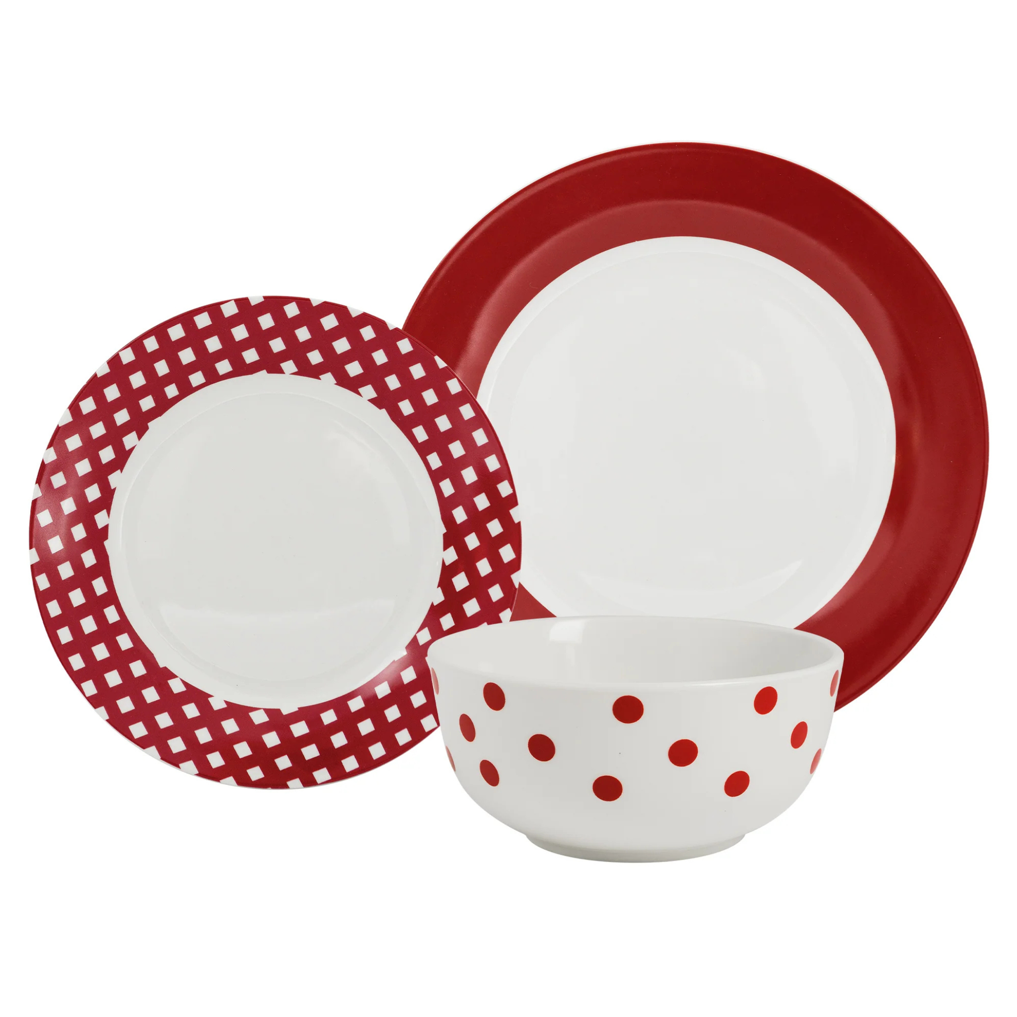 Ensemble de vaisselle en porcelaine rouge 12 pièces avec motifs assortis, design élégant et finition brillante
