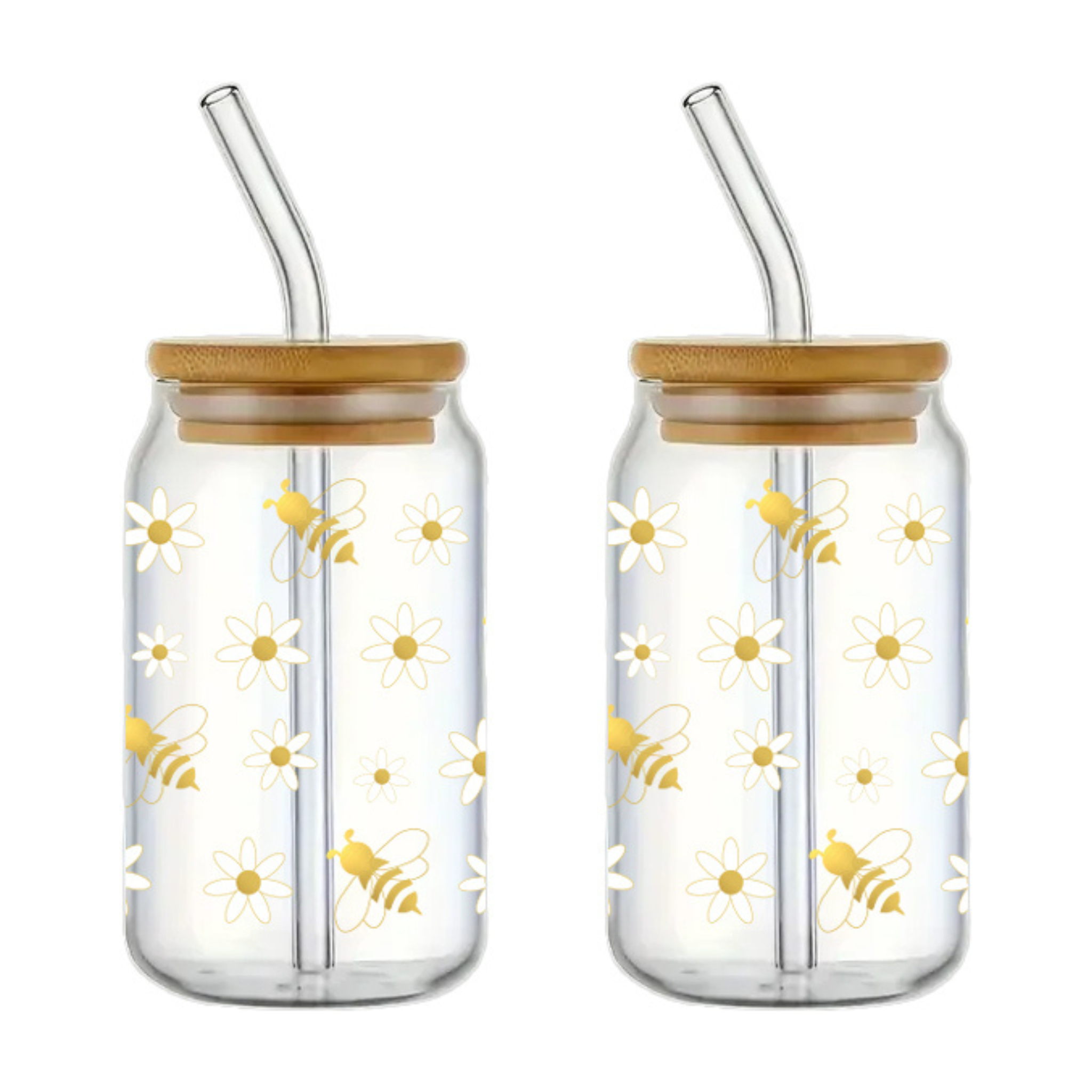 Ensemble de 2 verres à motif d'abeilles avec couvercle et paille 350 ml