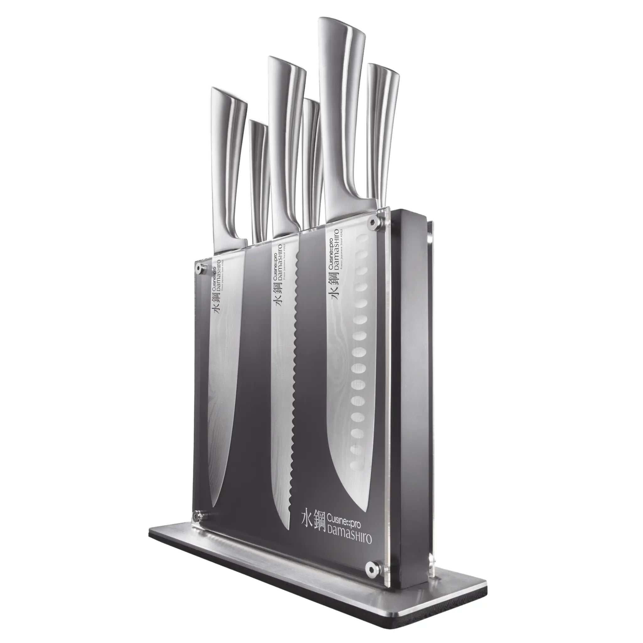 Bloc de couteaux Kin Damashiro 7 pièces en acier inoxydable japonais avec lame Damas et bloc transparent moderne