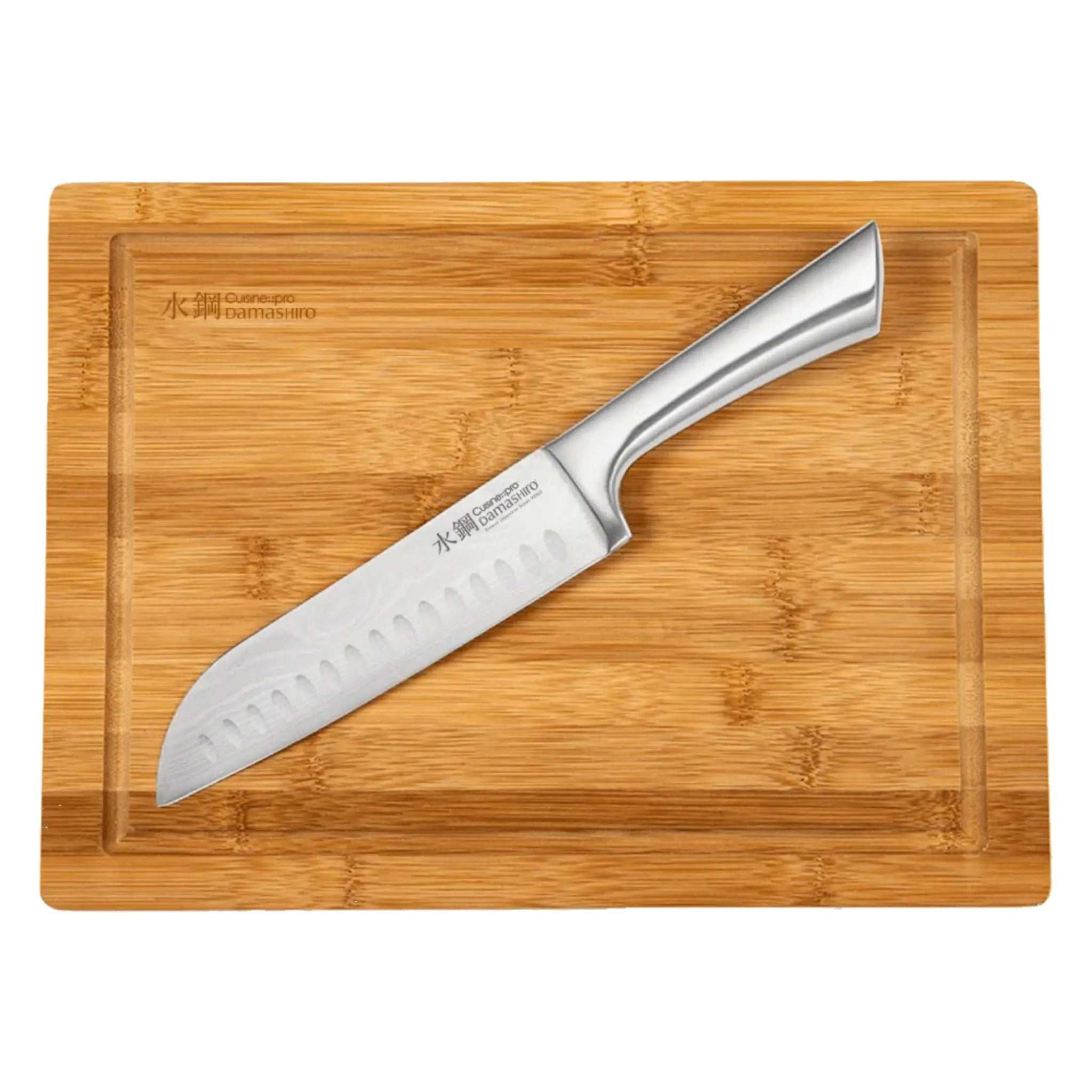 Couteau Santoku Damashiro 16,5 cm avec planche à découper en bambou pour coupe précise et efficace