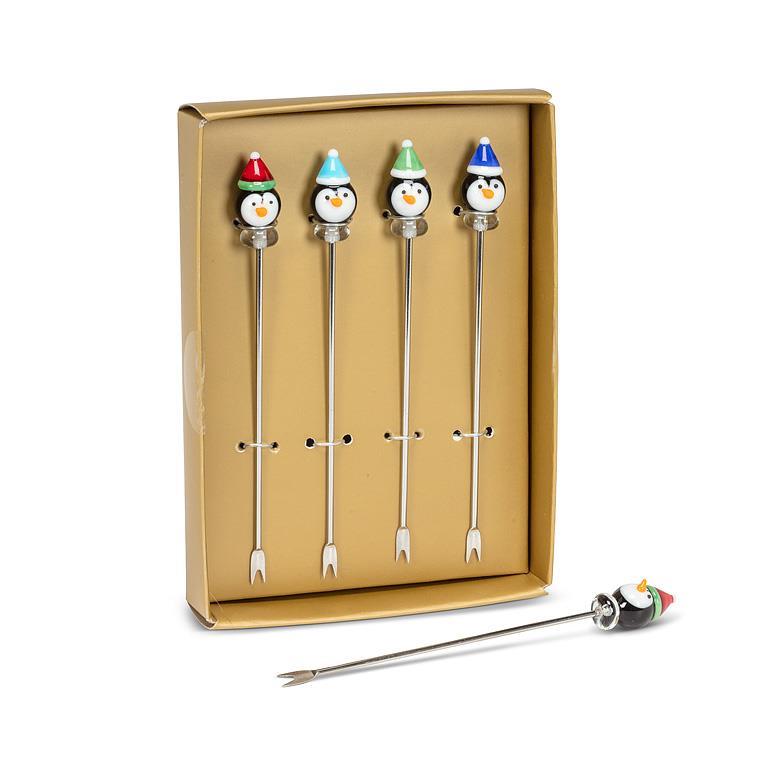 Ensemble de 4 pics à cocktails Pingouins de Noël
