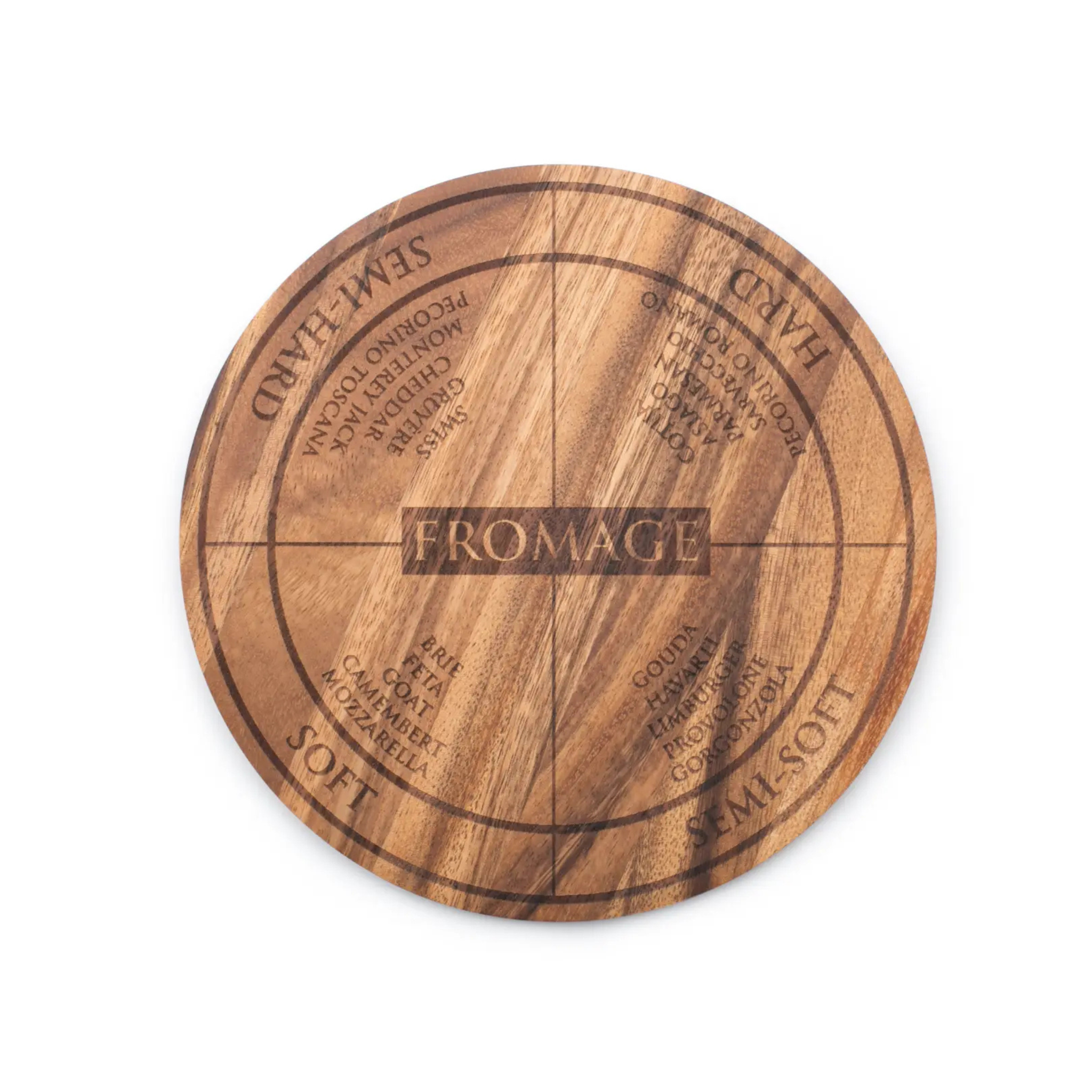 Round acacia wood serving board with cheese engraving - Fox Run