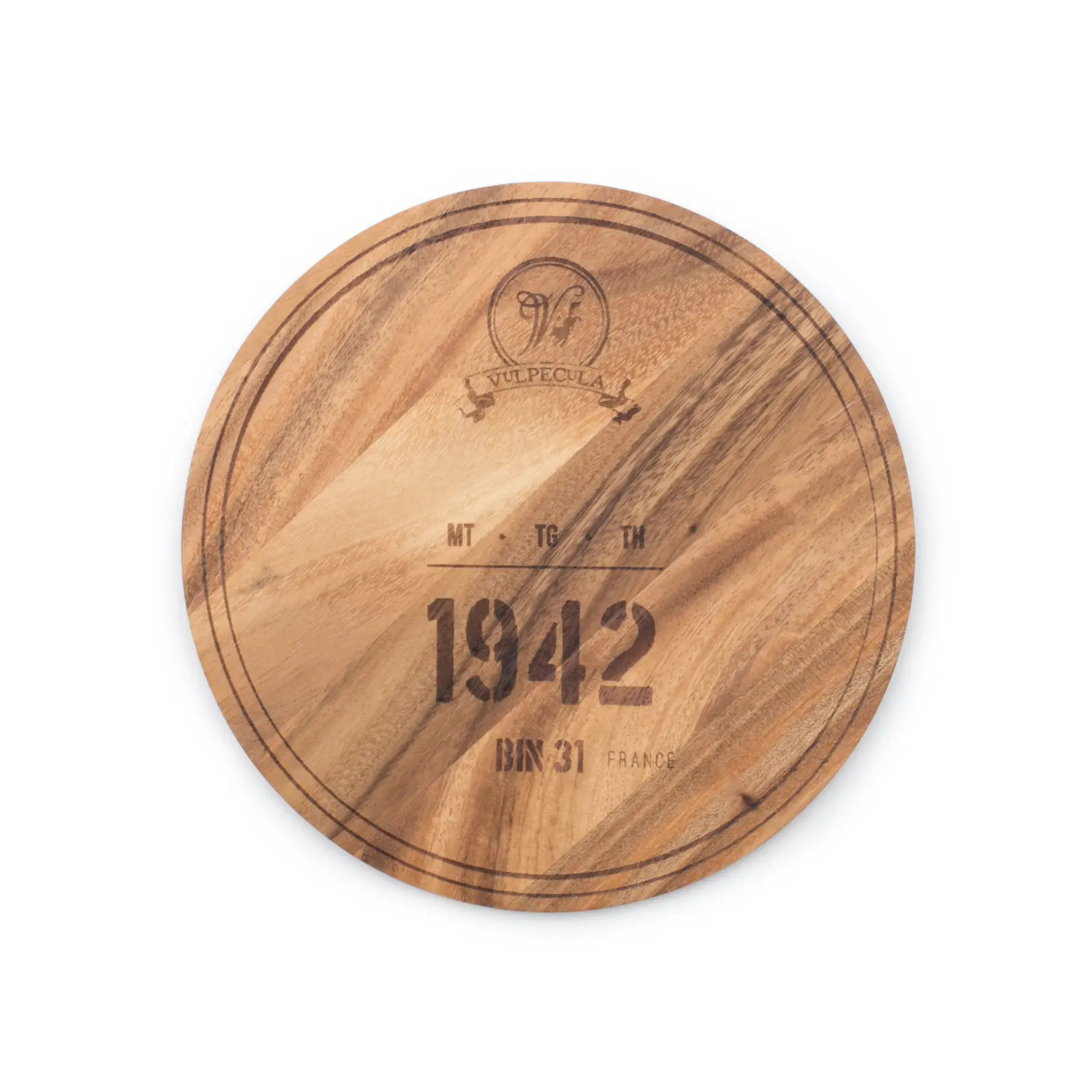 Round acacia wood serving board with 1942 wine barrel engraving - Fox Run