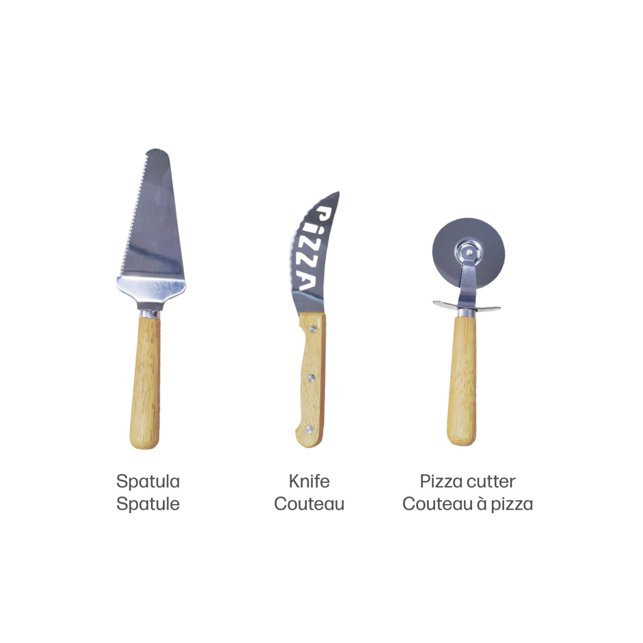 Planche à pizza en bois avec 3 ustensiles