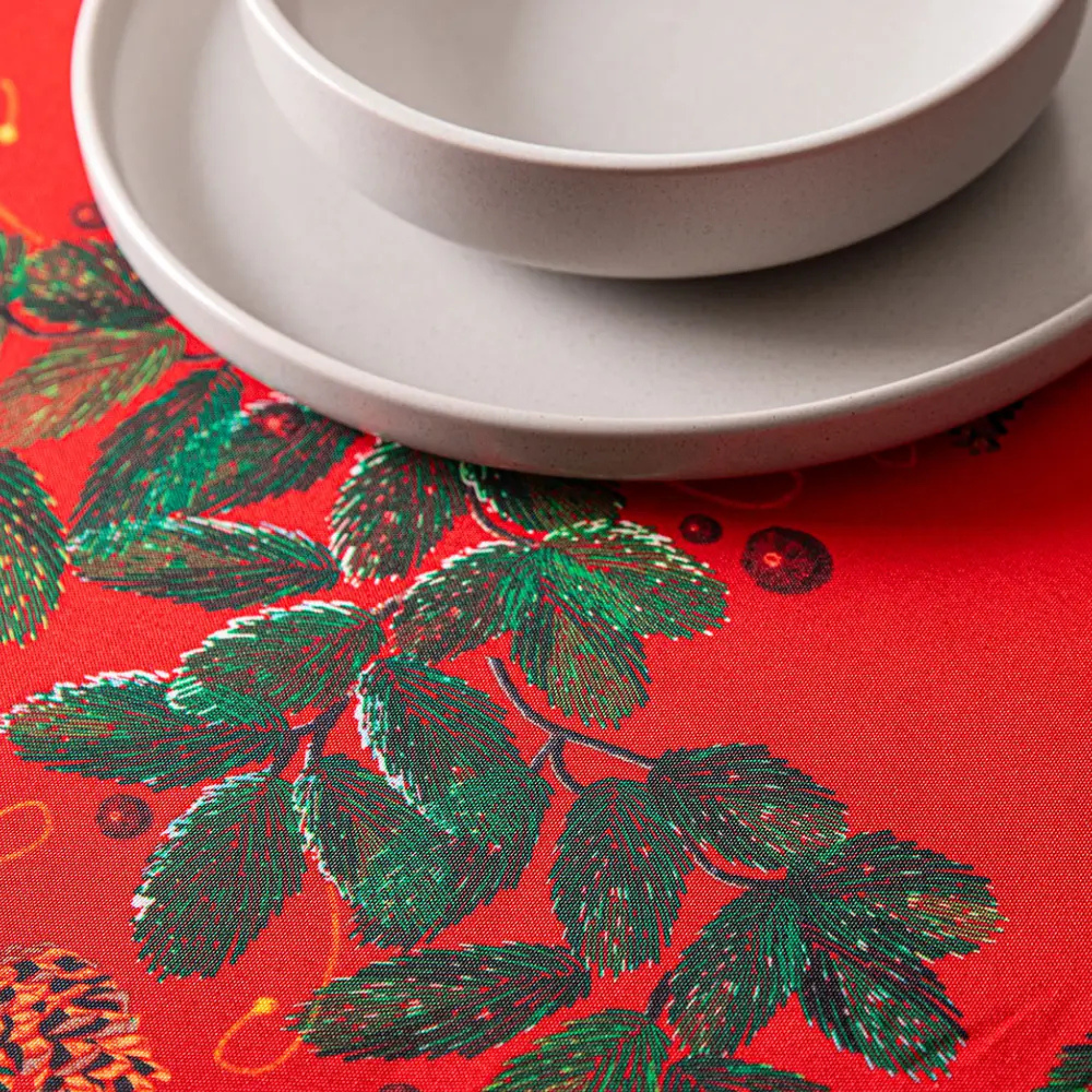 Red Polyester Christmas Tablecloth with Green Leaves 58x126"
