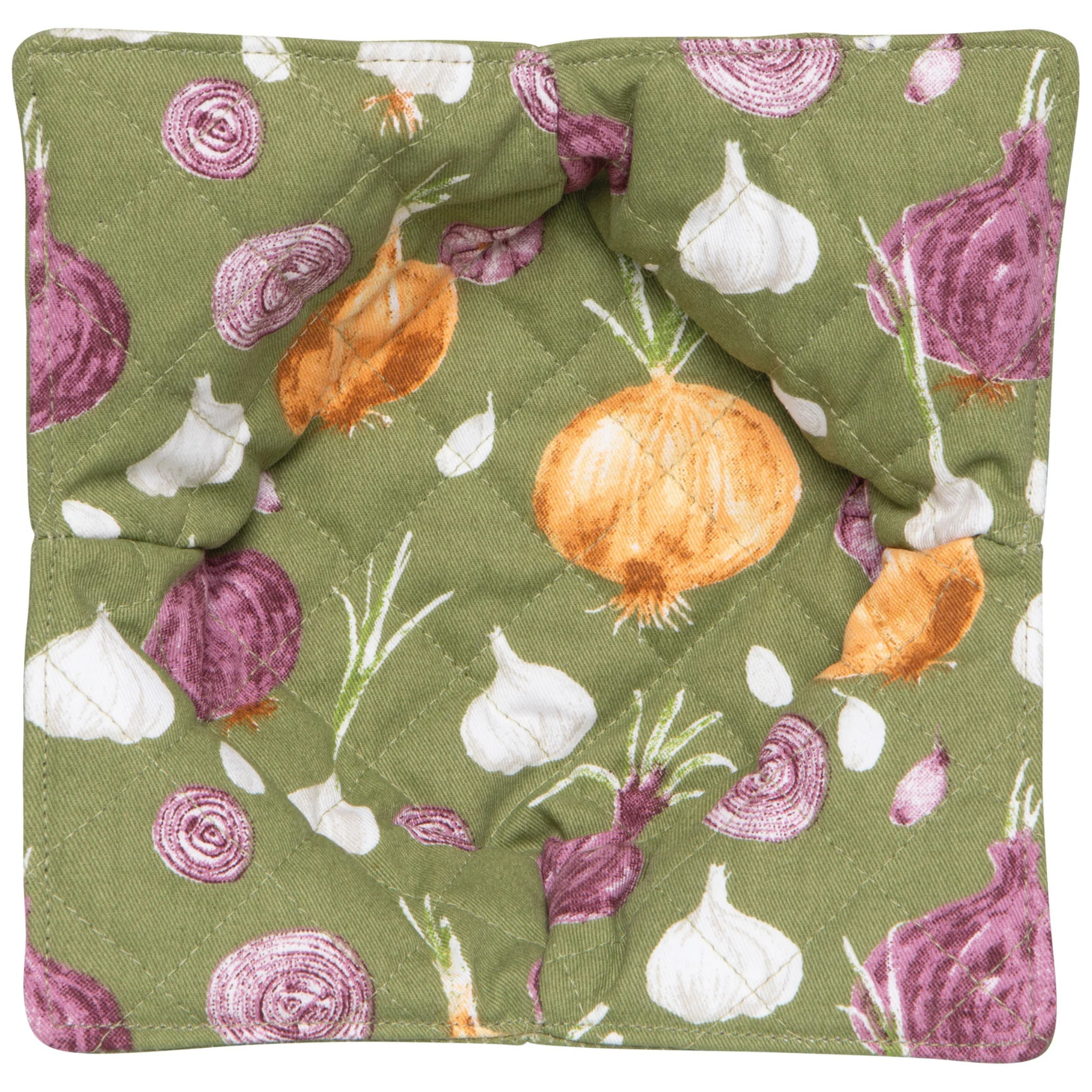 Détail du support à bol en coton avec motif ail et oignon