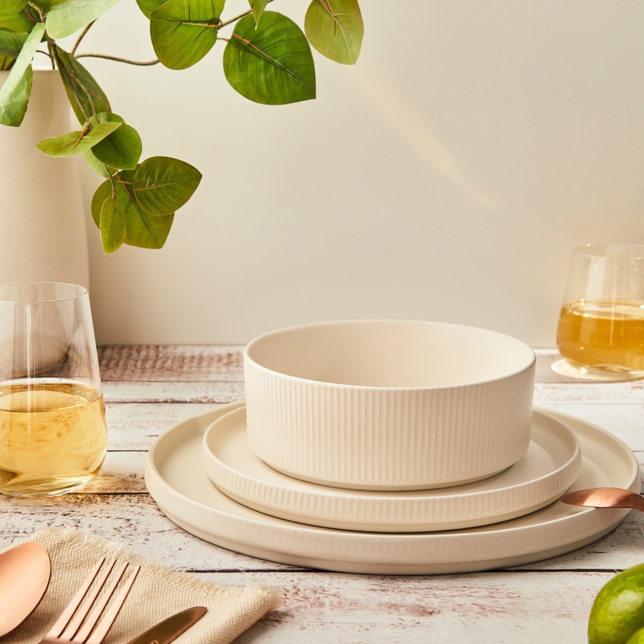 Beige Ribbed 12-Piece Dinnerware Set