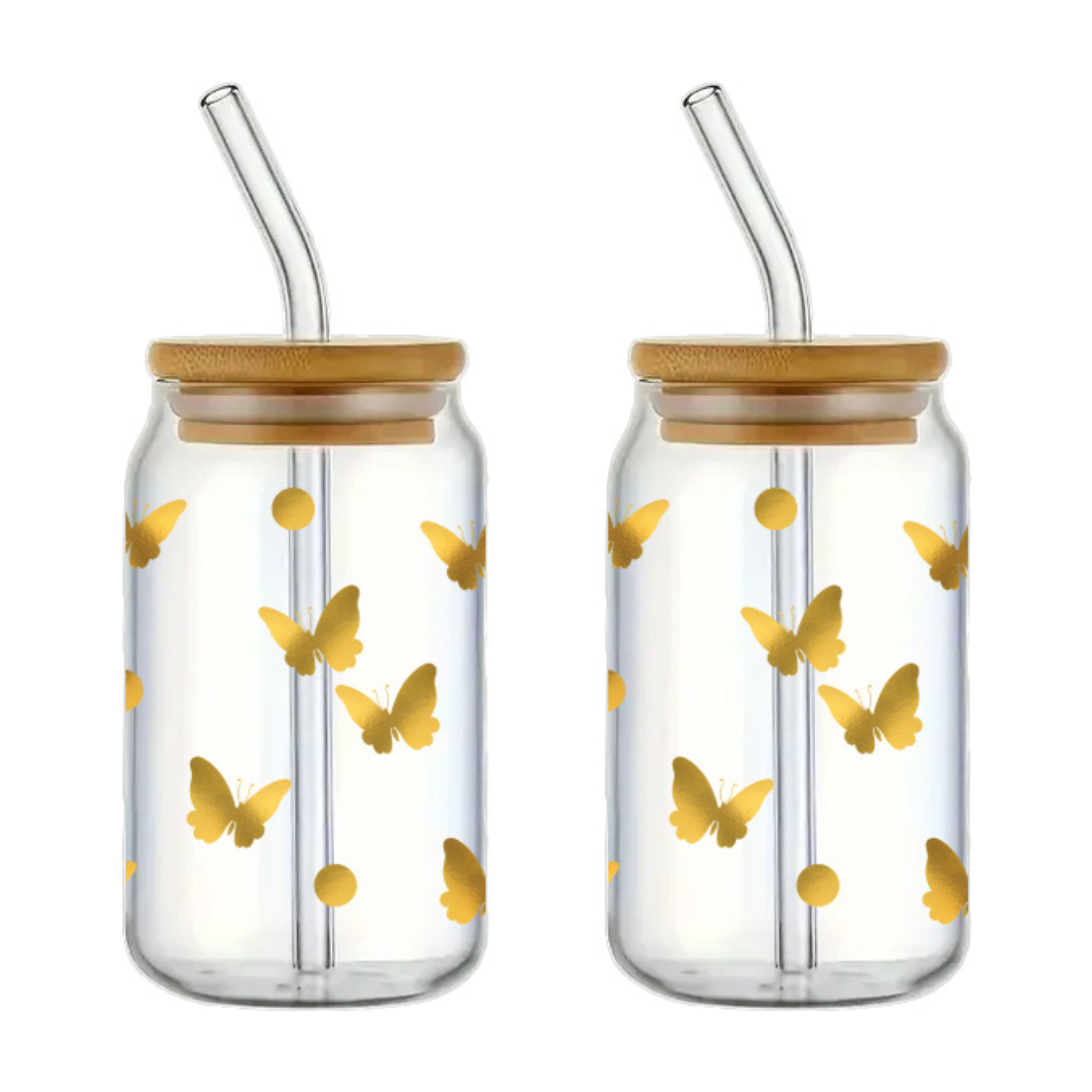 Ensemble de 2 verres à motif de papillons avec couvercle et paille 350ml