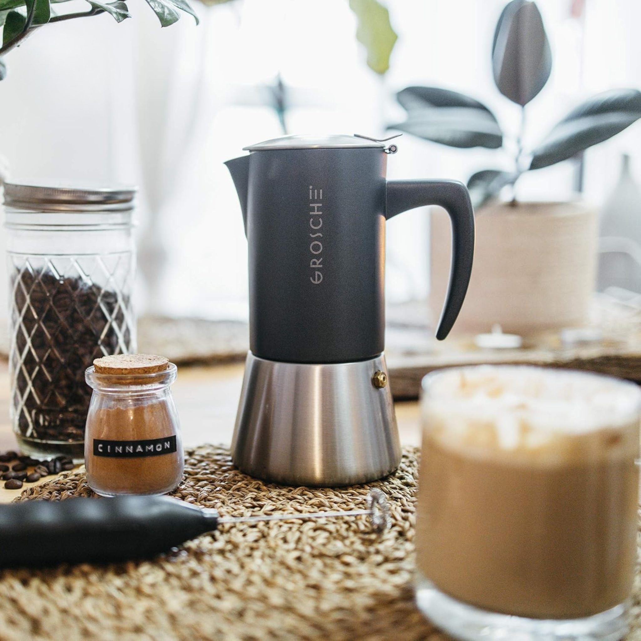 Cafetière à espresso Moka italienne Milano Steel 10 tasses en acier inoxydable noir - Grosche