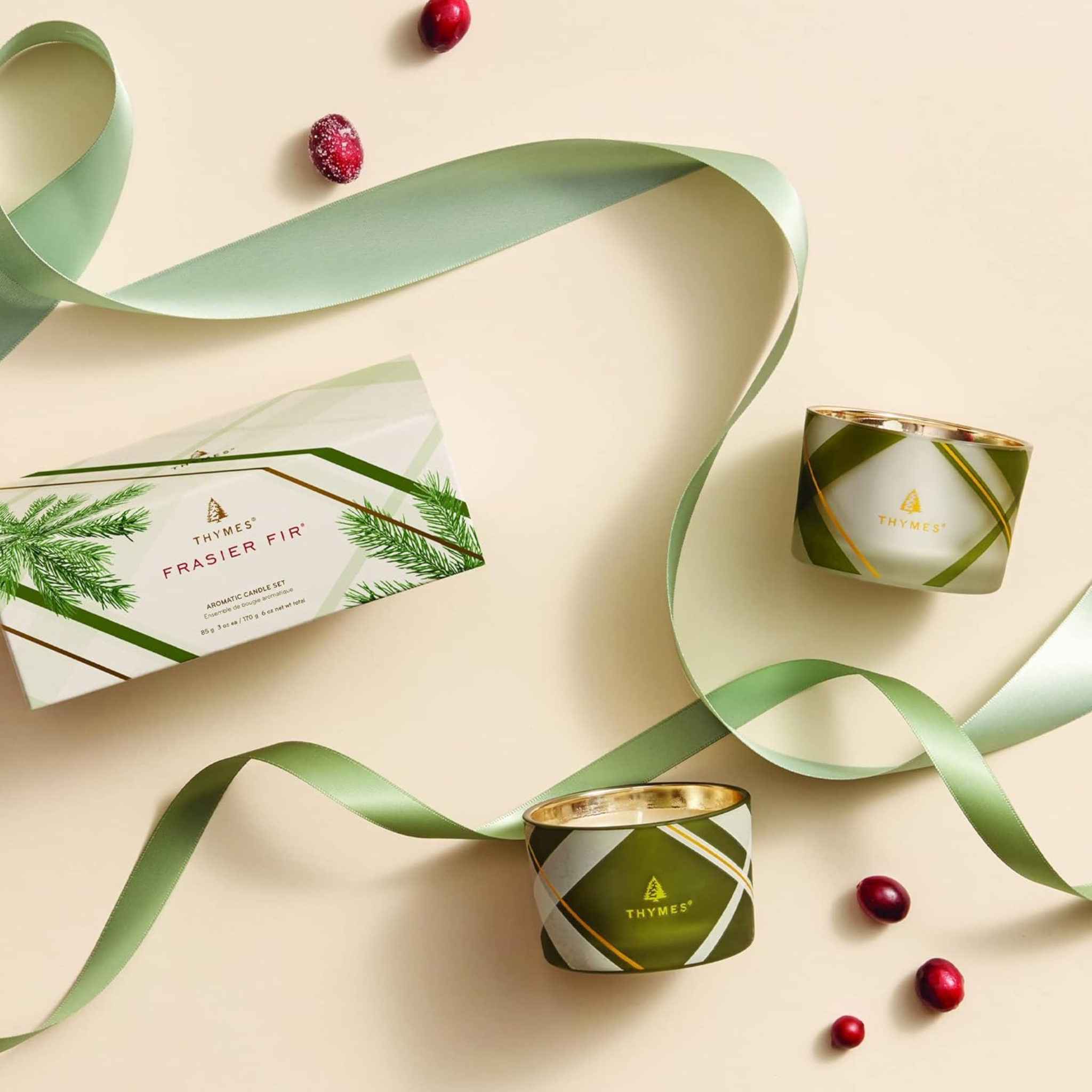 Ensemble de 2 chandelles à motifs écossais Frasier Fir 170 g - Thymes