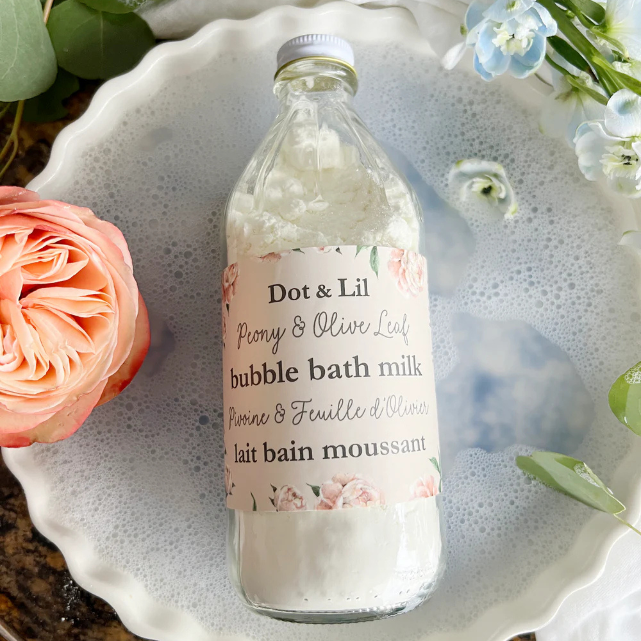 Bain moussant au lait Pivoine & feuille d’olivier 340g - Dot & Lil