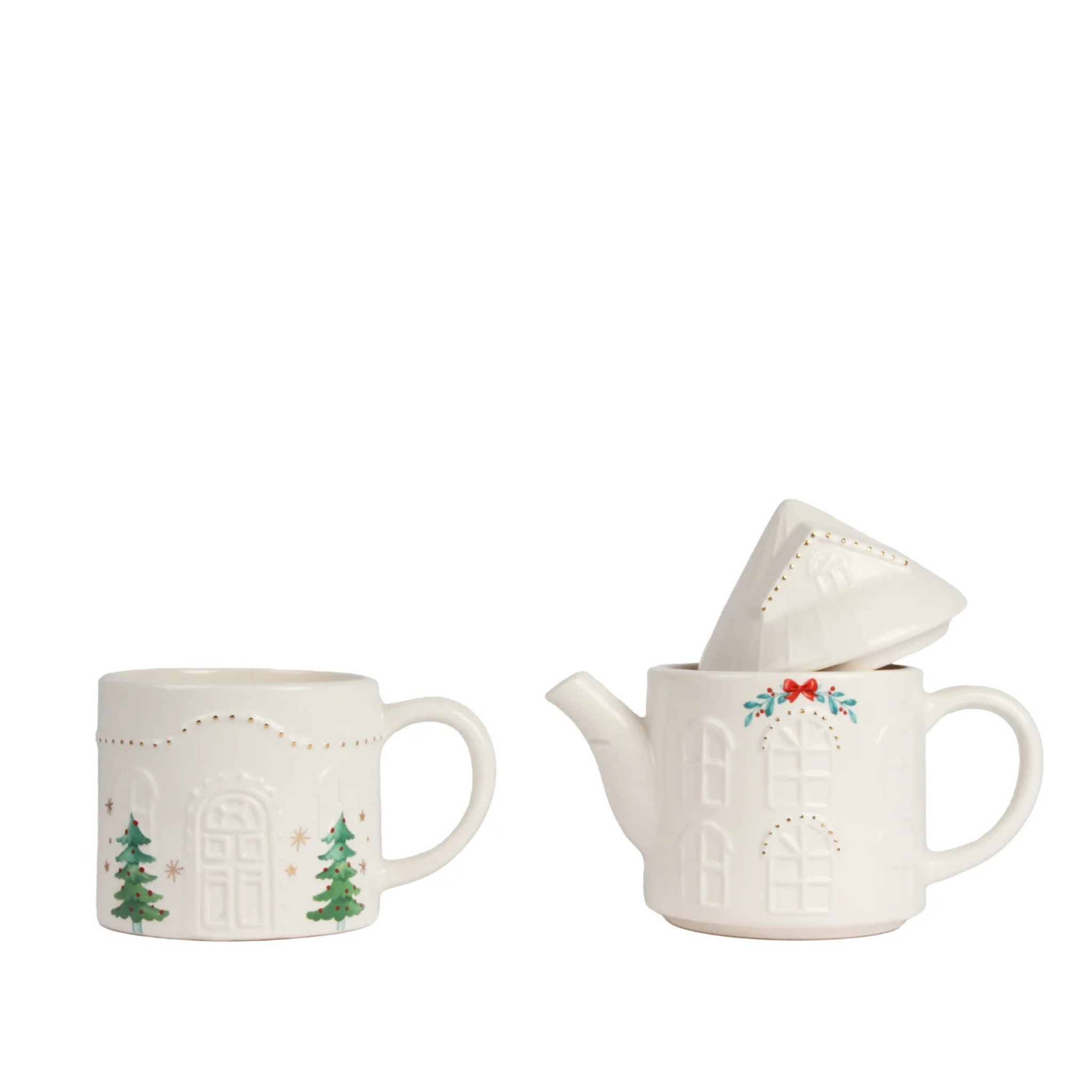 Ensemble théière empilable & tasse Maison de Noël Blanche