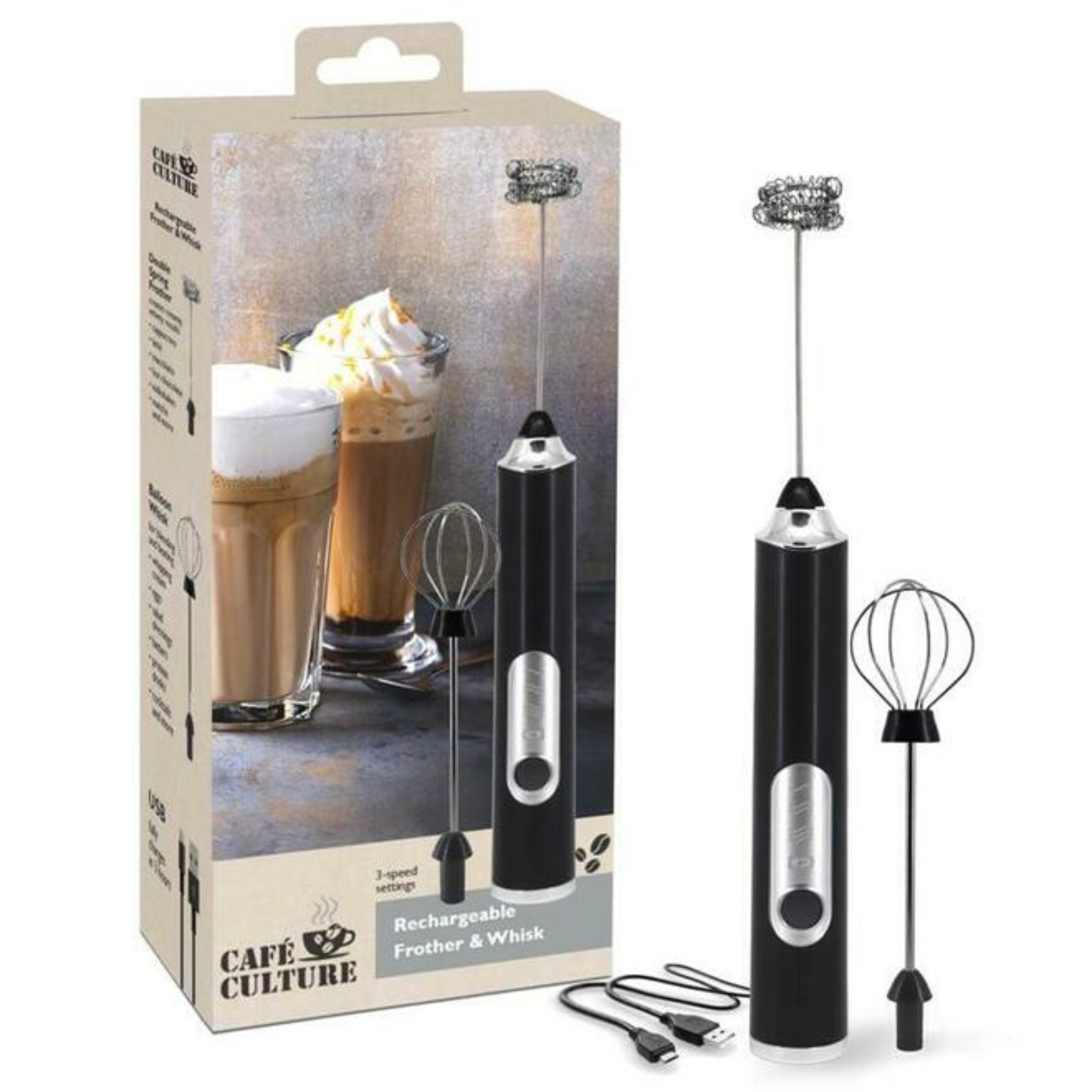 Mousseur à lait rechargeable avec 2 fouets et 3 vitesses – Café Culture