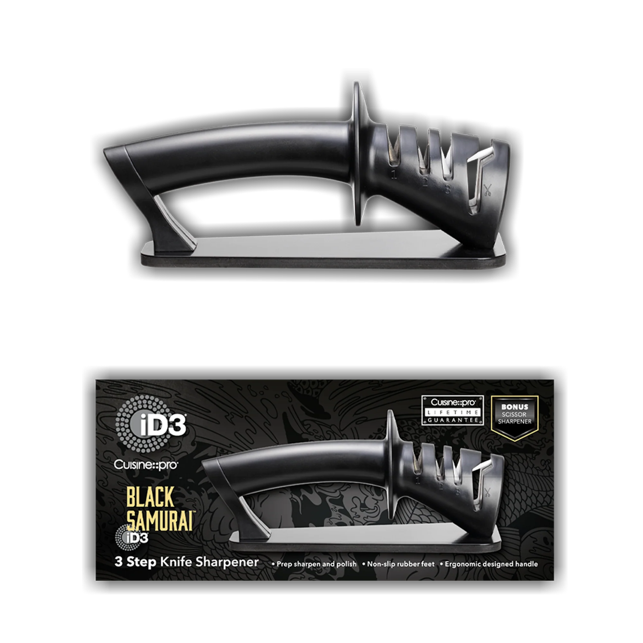 Aiguiseur de couteaux 3 étapes iD3 BLACK SAMURAI™ avec poignée ergonomique et fentes pour ciseaux