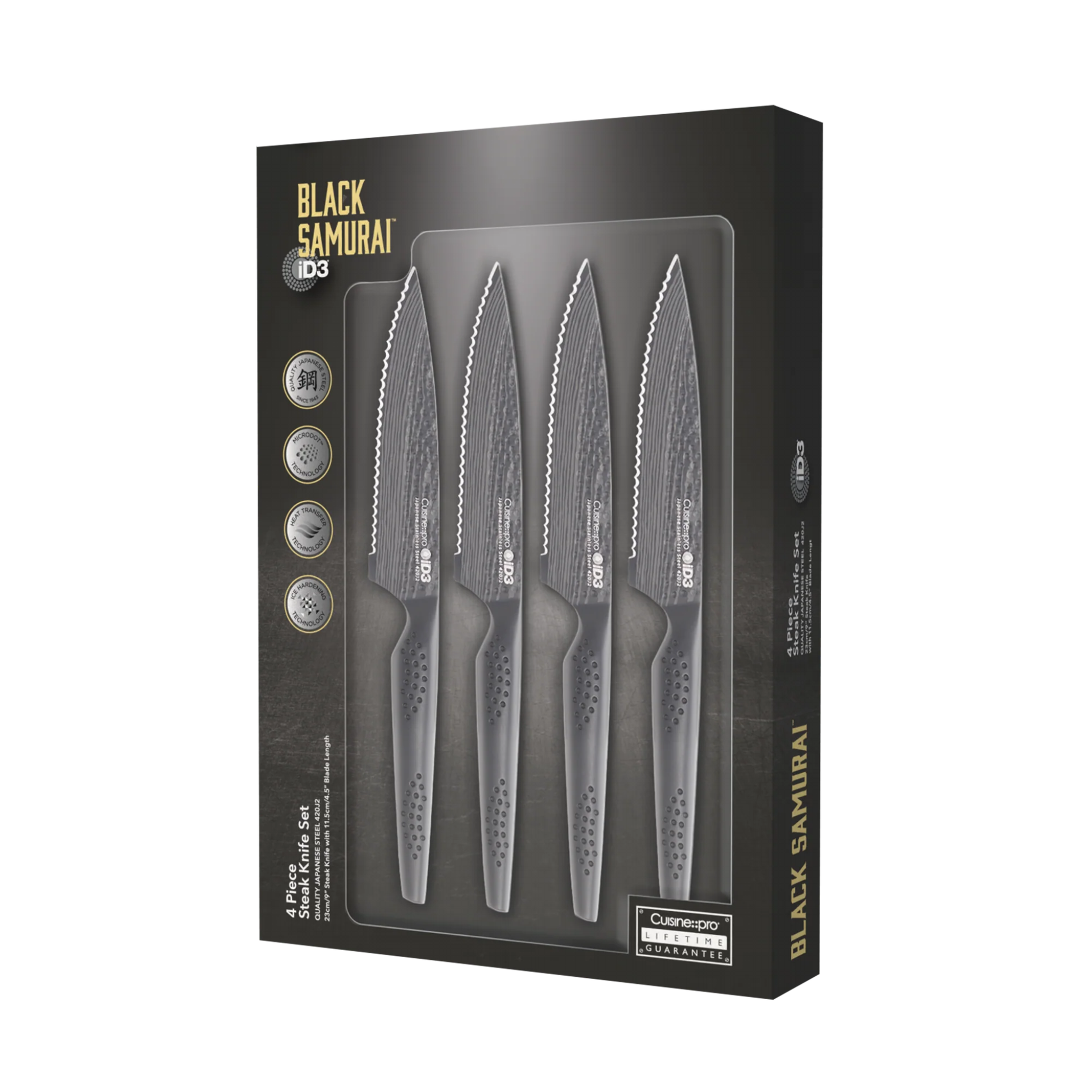Ensemble de 4 couteaux à steak iD3 BLACK SAMURAI™ en acier inoxydable avec lames dentelées et revêtement céramique noir mat