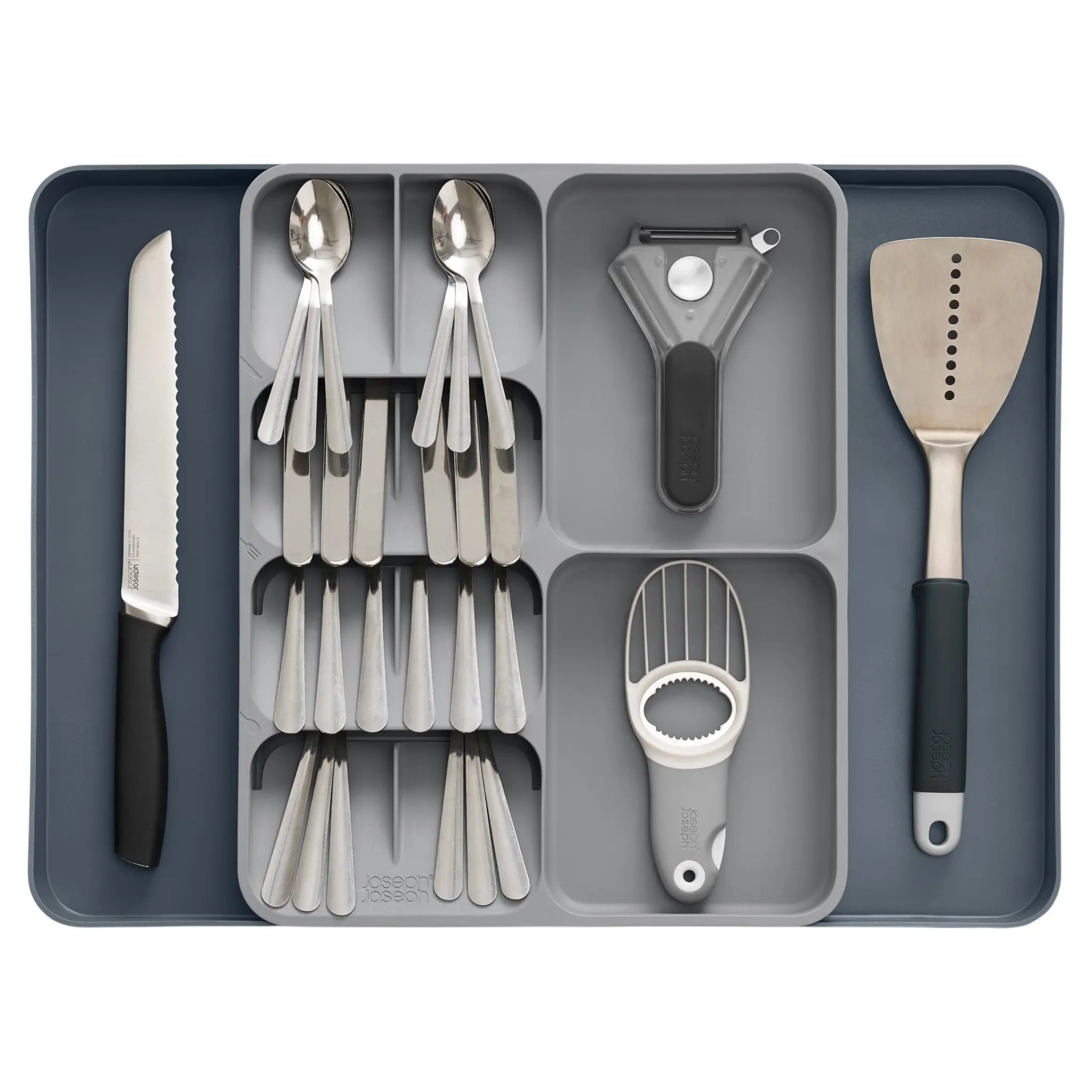 Organisateur de tiroir de cuisine extensible gris avec compartiments pour couverts et ustensiles Joseph Joseph