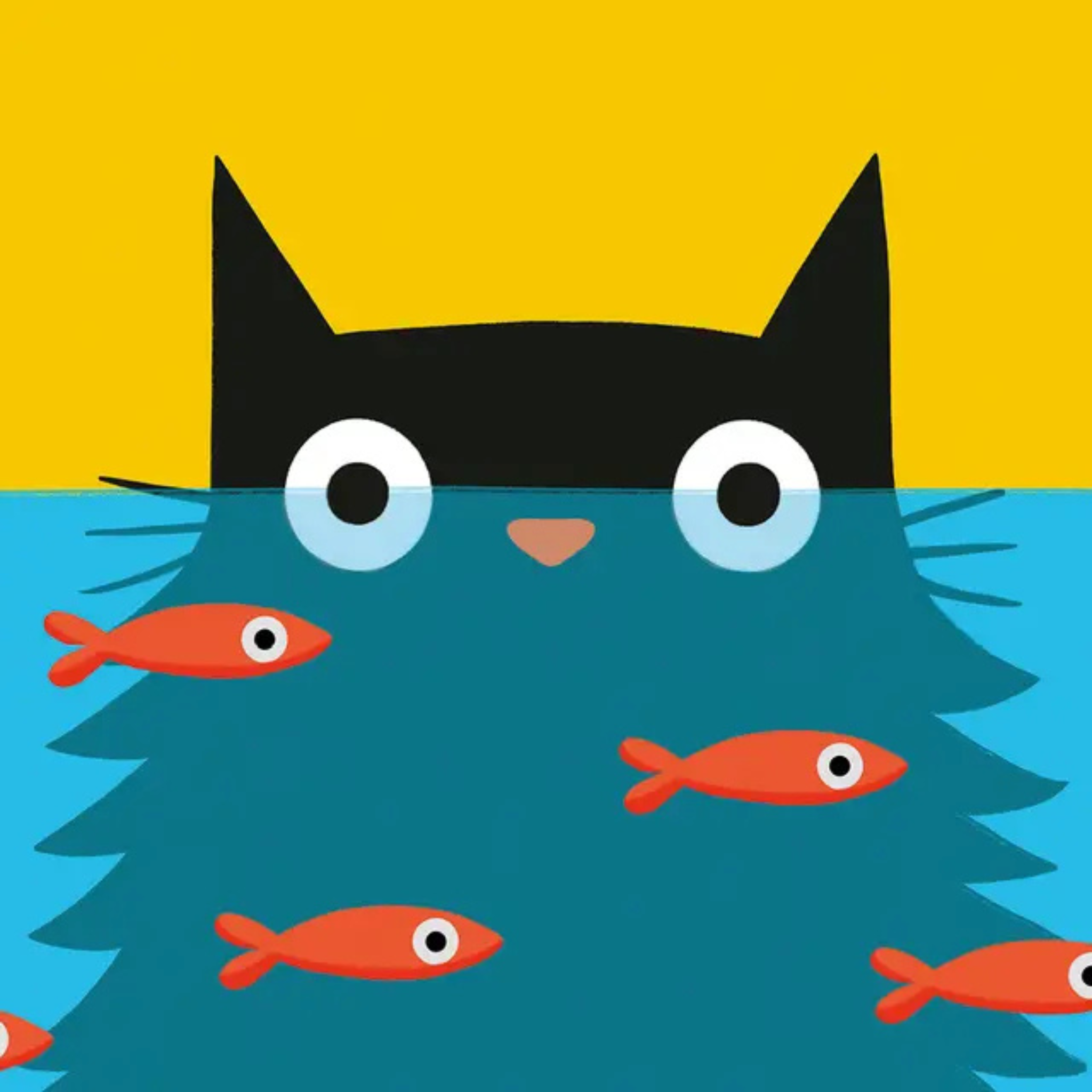 Square Card Cat and Fish 5.5x5.5