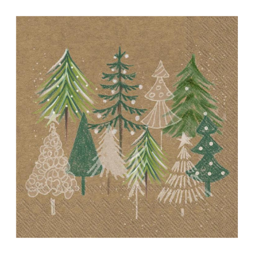 Ensemble de 20 serviettes de table en papier Beige avec Sapins Verts