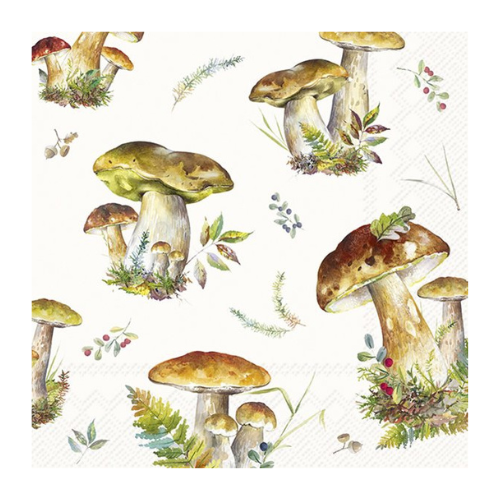 Ensemble de 20 serviettes de table en papier Crème avec motifs de champignons