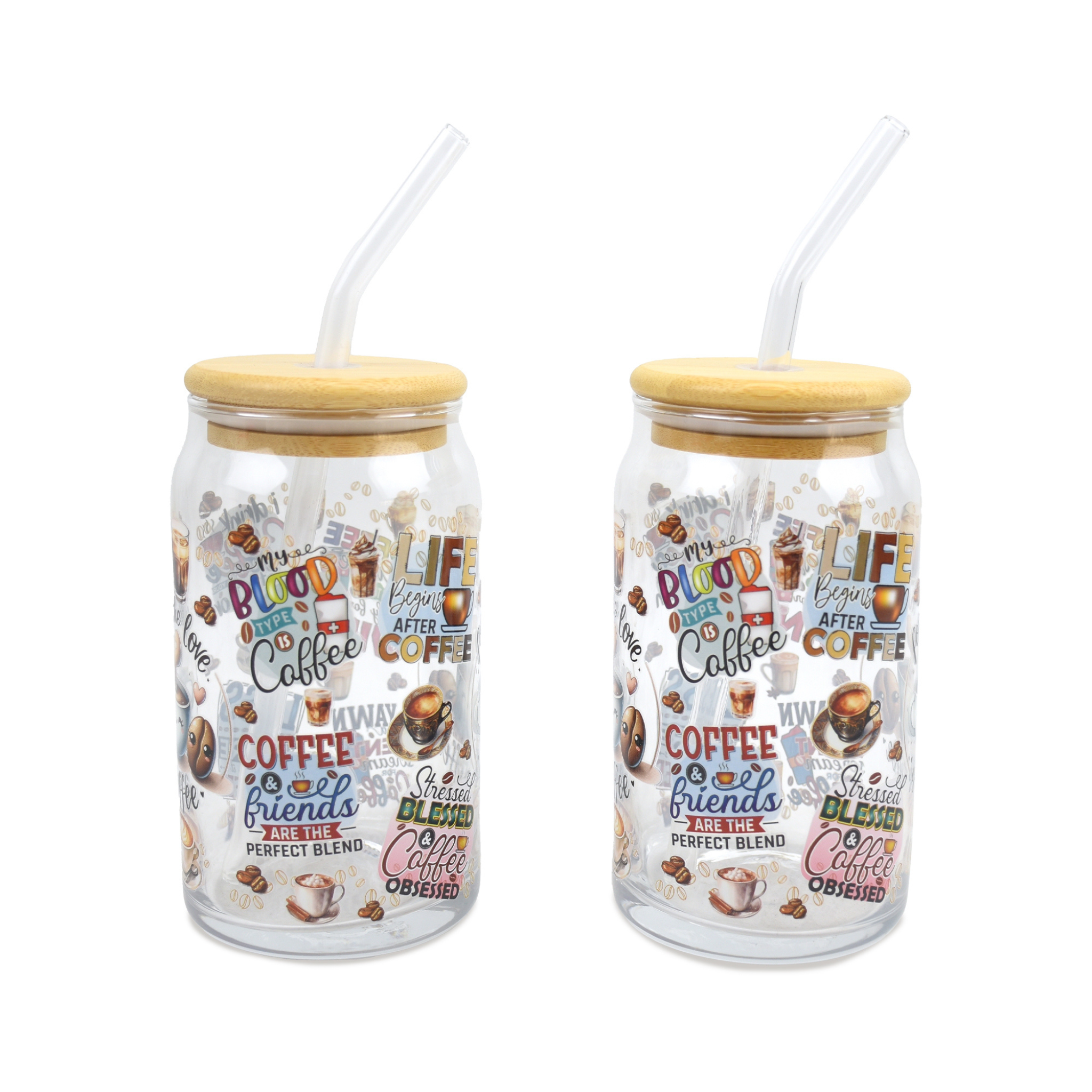 Ensemble de 2 verres à thème café avec couvercle et paille 350ml