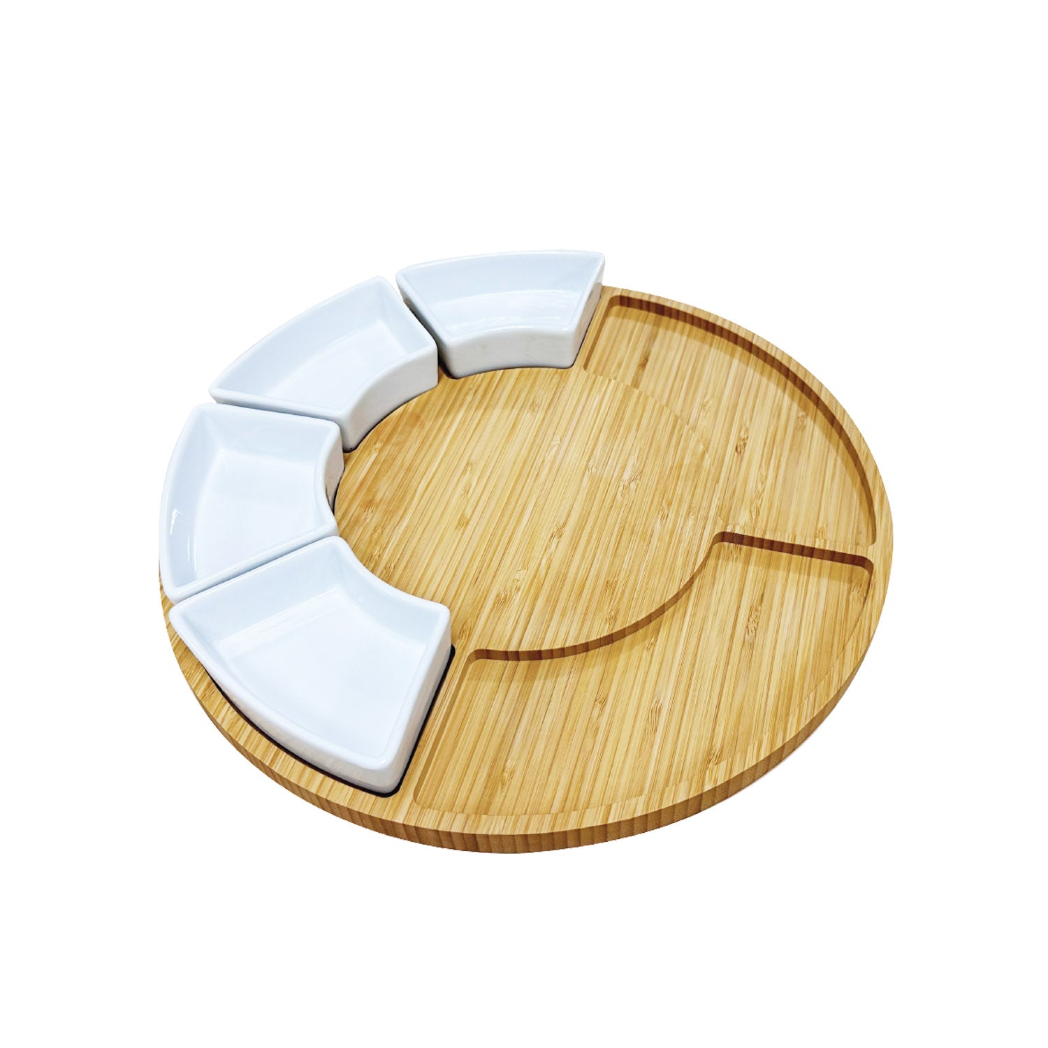 Grand plateau de service rond en bois avec bols