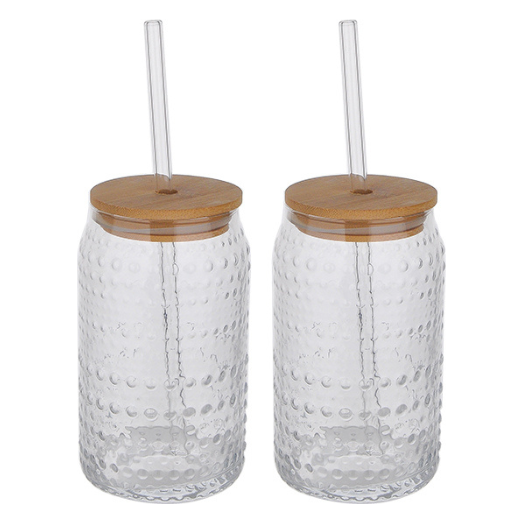 Ensemble de 2 tasses en verre à pois avec couvercle en bambou et pailles