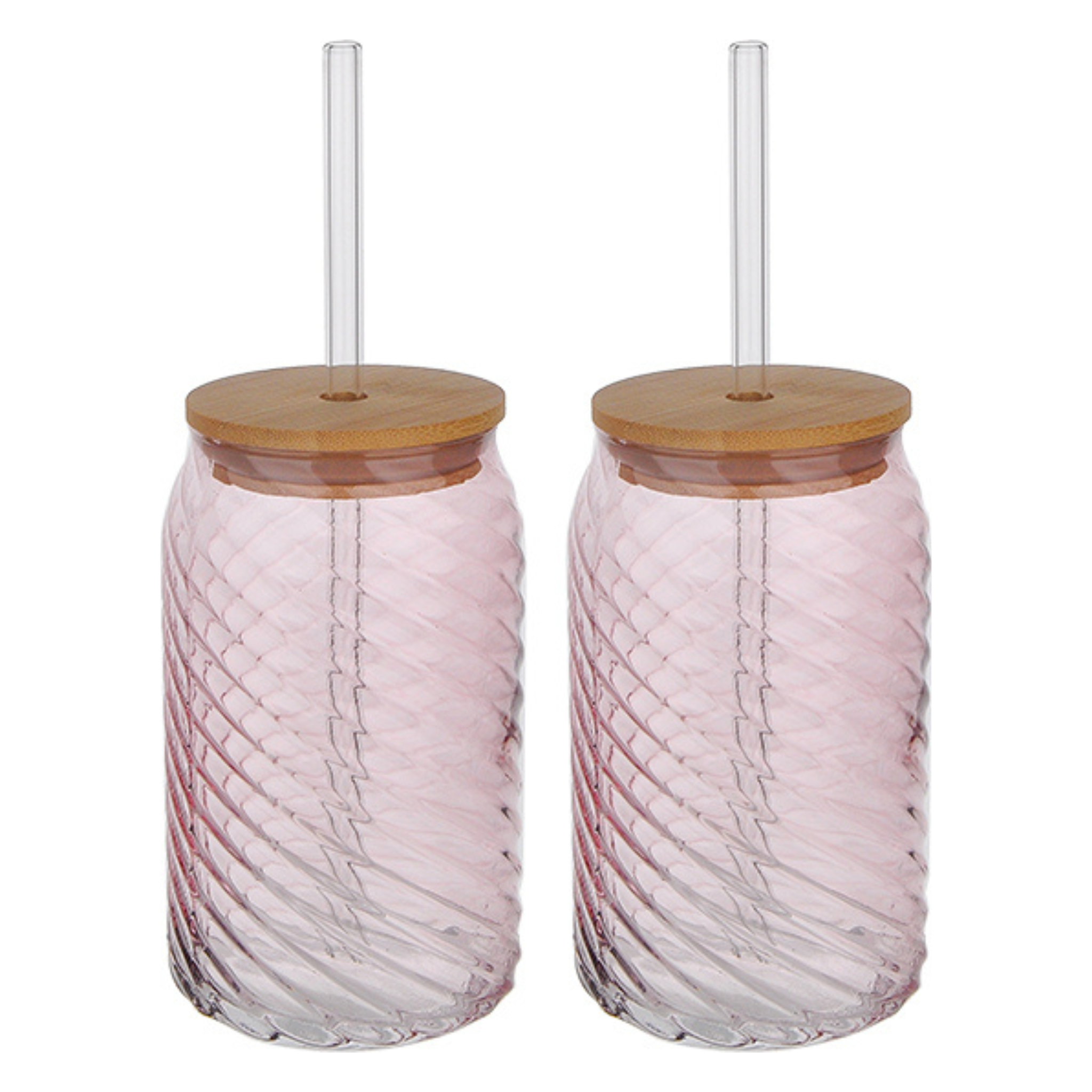 Ensemble de 2 tasses en verre rose avec couvercles en bambou et pailles