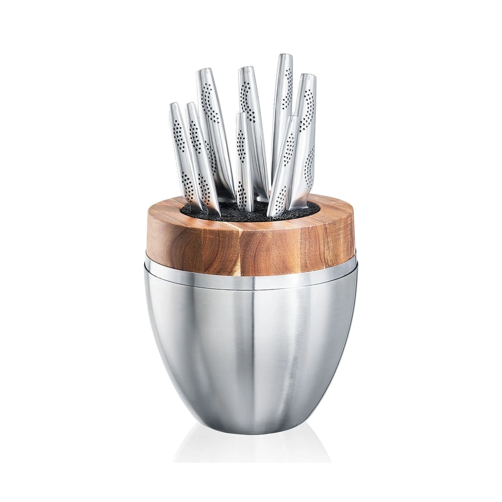 bloc de couteaux design en acier inoxydable avec rebord en bois d’acacia