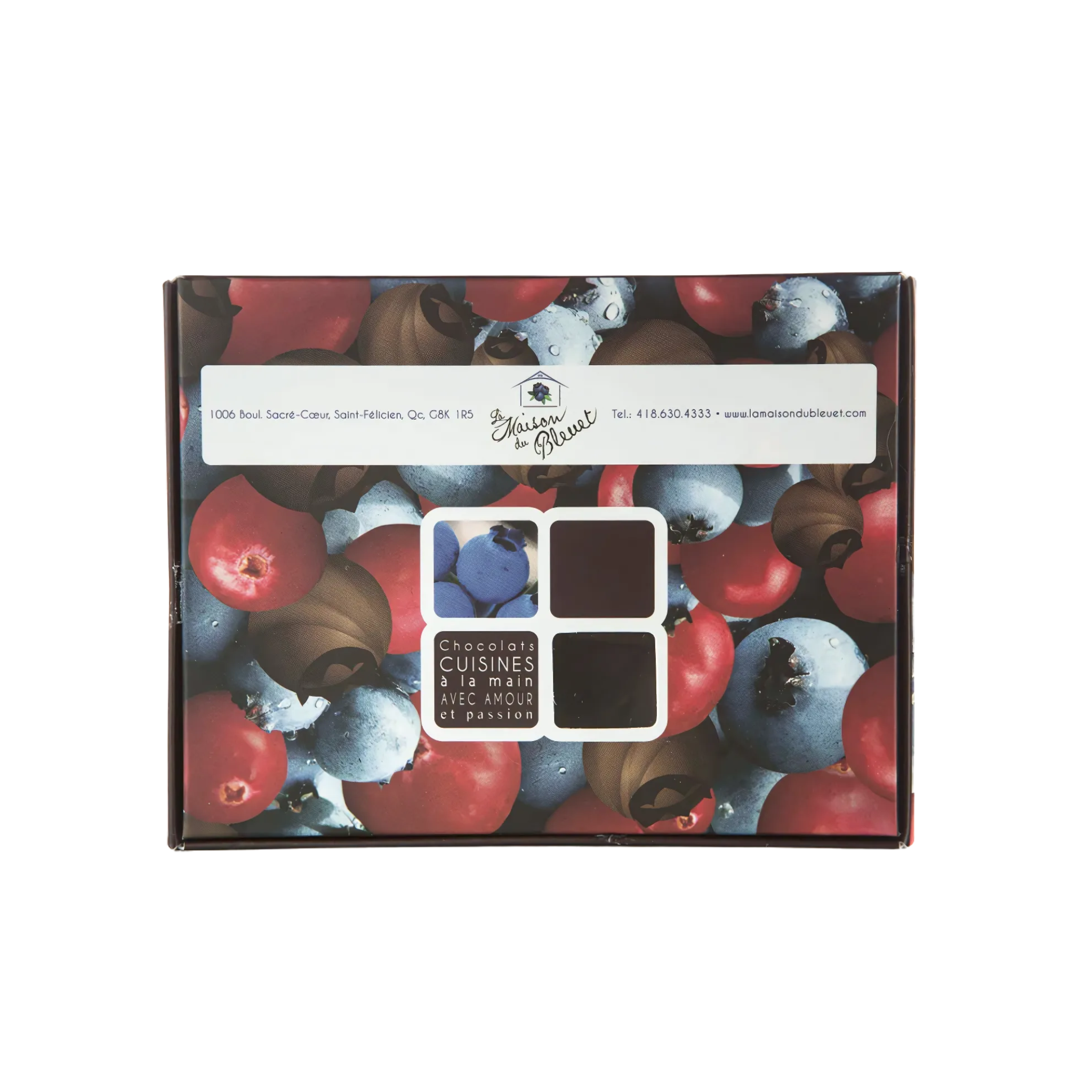 Bleuets et canneberges enrobés de chocolat au lait 100g - La Maison du Bleuet